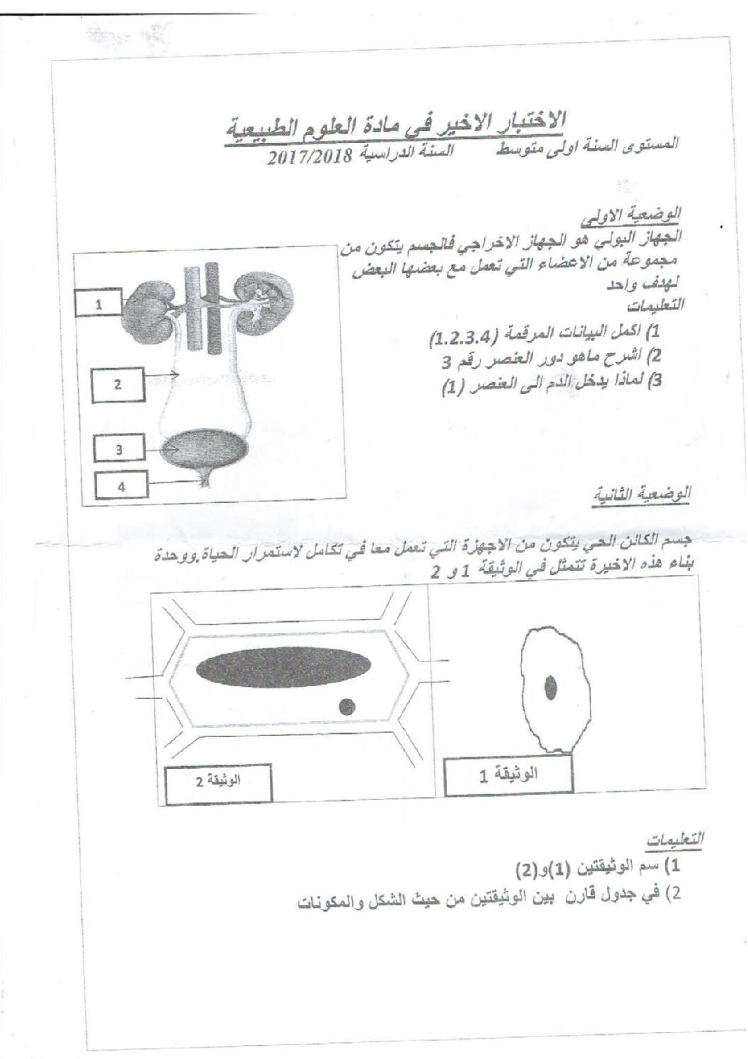 اختبار في العلوم الطبيعية الفصل الثالث السنة الأولى متوسط رقم 17