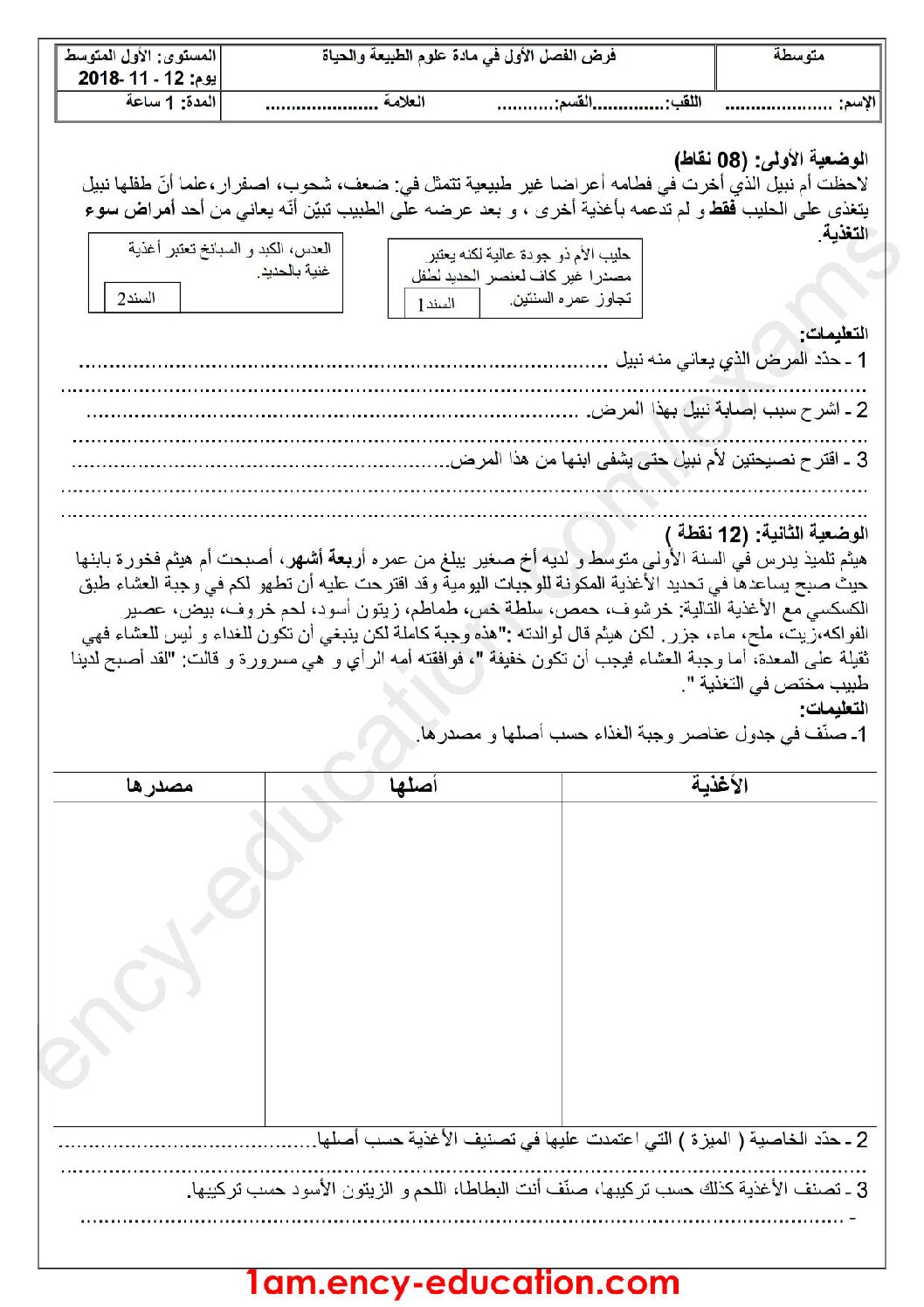 فرض في العلوم الطبيعية الفصل الأول السنة الأولى متوسط رقم 17