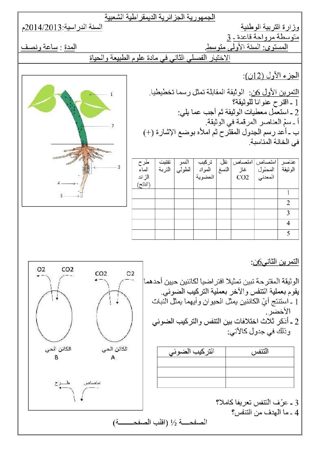 اختبار في العلوم الطبيعية الفصل الثاني السنة الأولى متوسط رقم 02