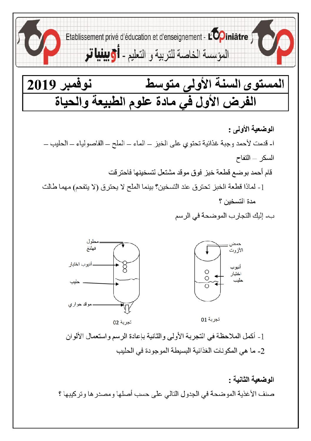 فرض في العلوم الطبيعية الفصل الأول السنة الأولى متوسط رقم 20 مع التصحيح