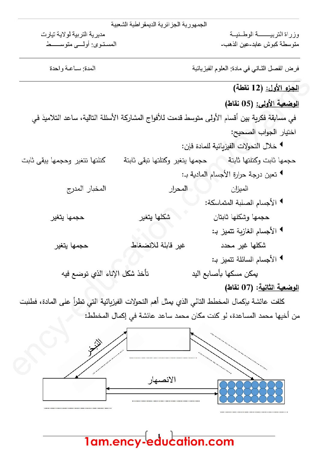 فرض في العلوم الفيزيائية الفصل الثاني السنة الأولى متوسط رقم 20