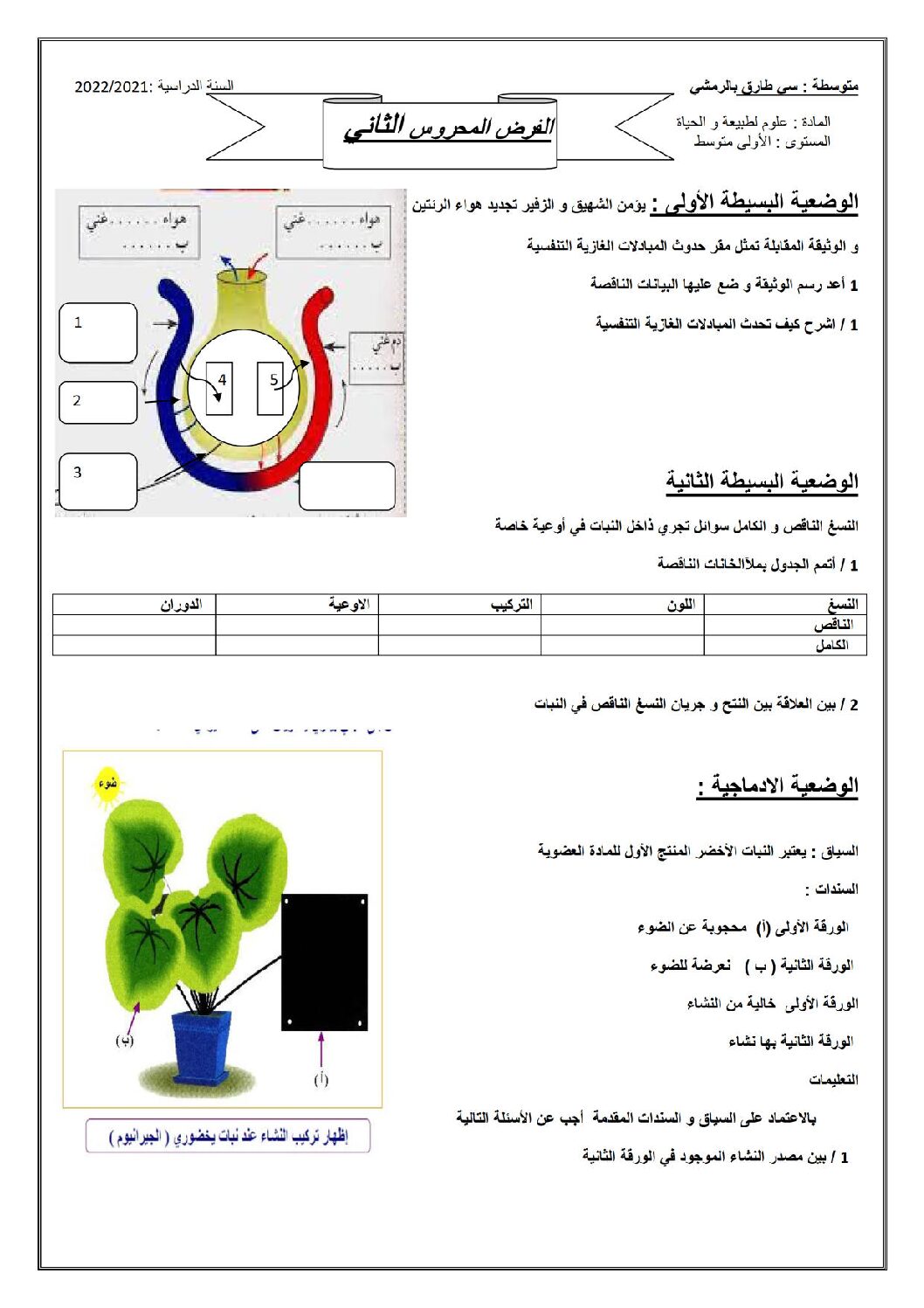 فرض في العلوم الطبيعية الفصل الثاني السنة الأولى متوسط رقم 21 مع التصحيح