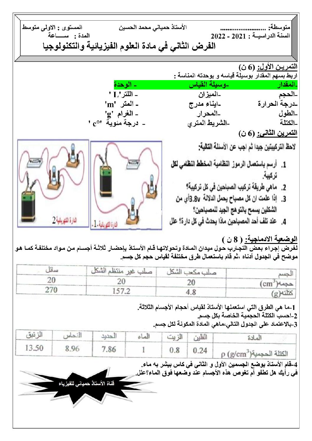 فرض في العلوم الفيزيائية الفصل الثاني السنة الأولى متوسط رقم 23