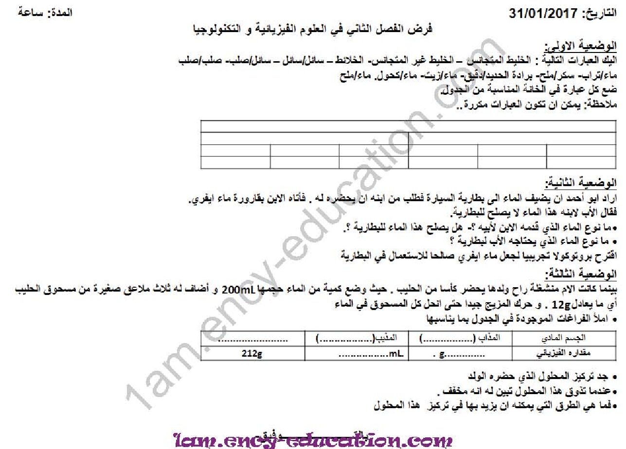 فرض في العلوم الفيزيائية الفصل الثاني السنة الأولى متوسط رقم 03