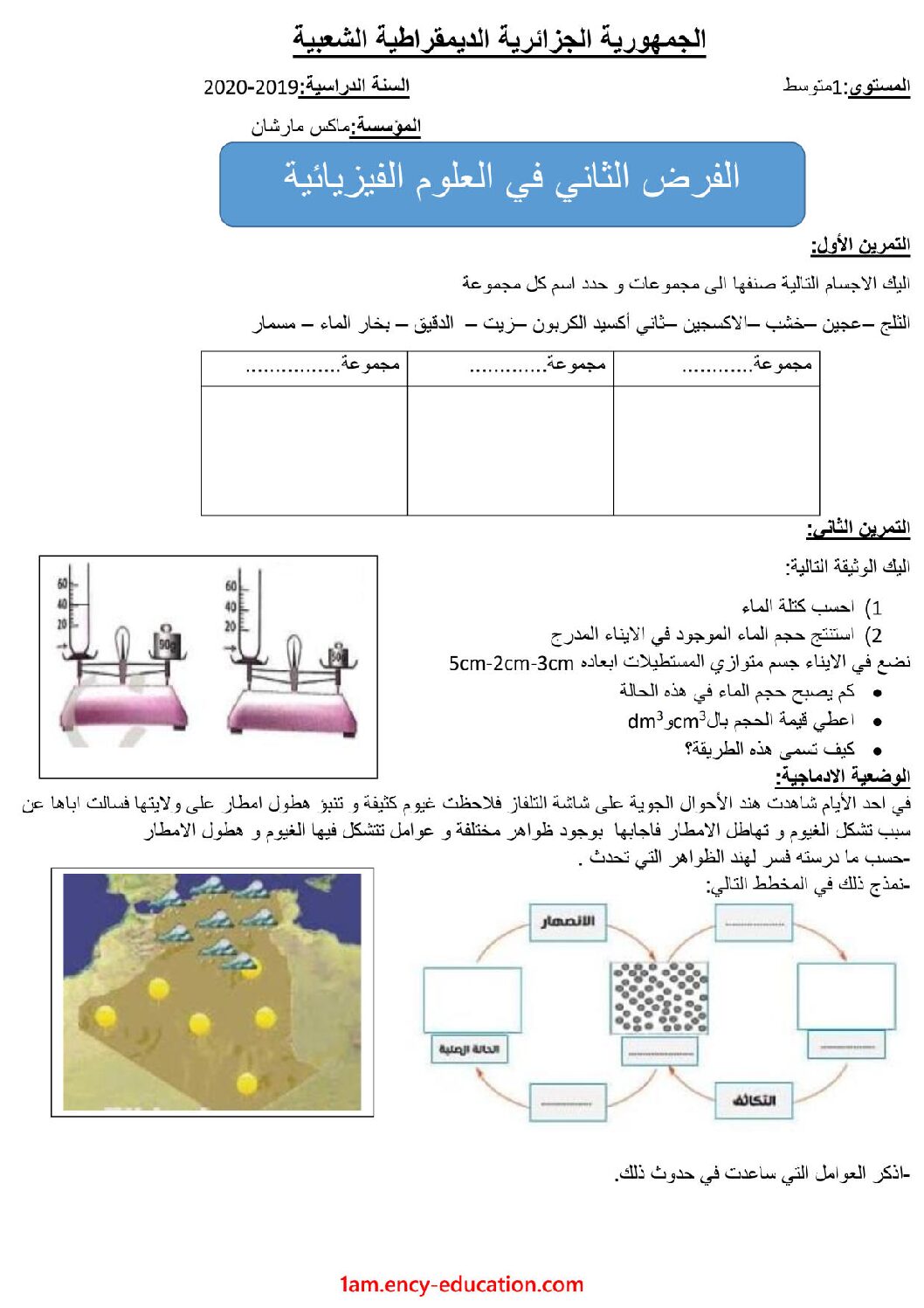 فرض في العلوم الفيزيائية الفصل الثاني السنة الأولى متوسط رقم 30