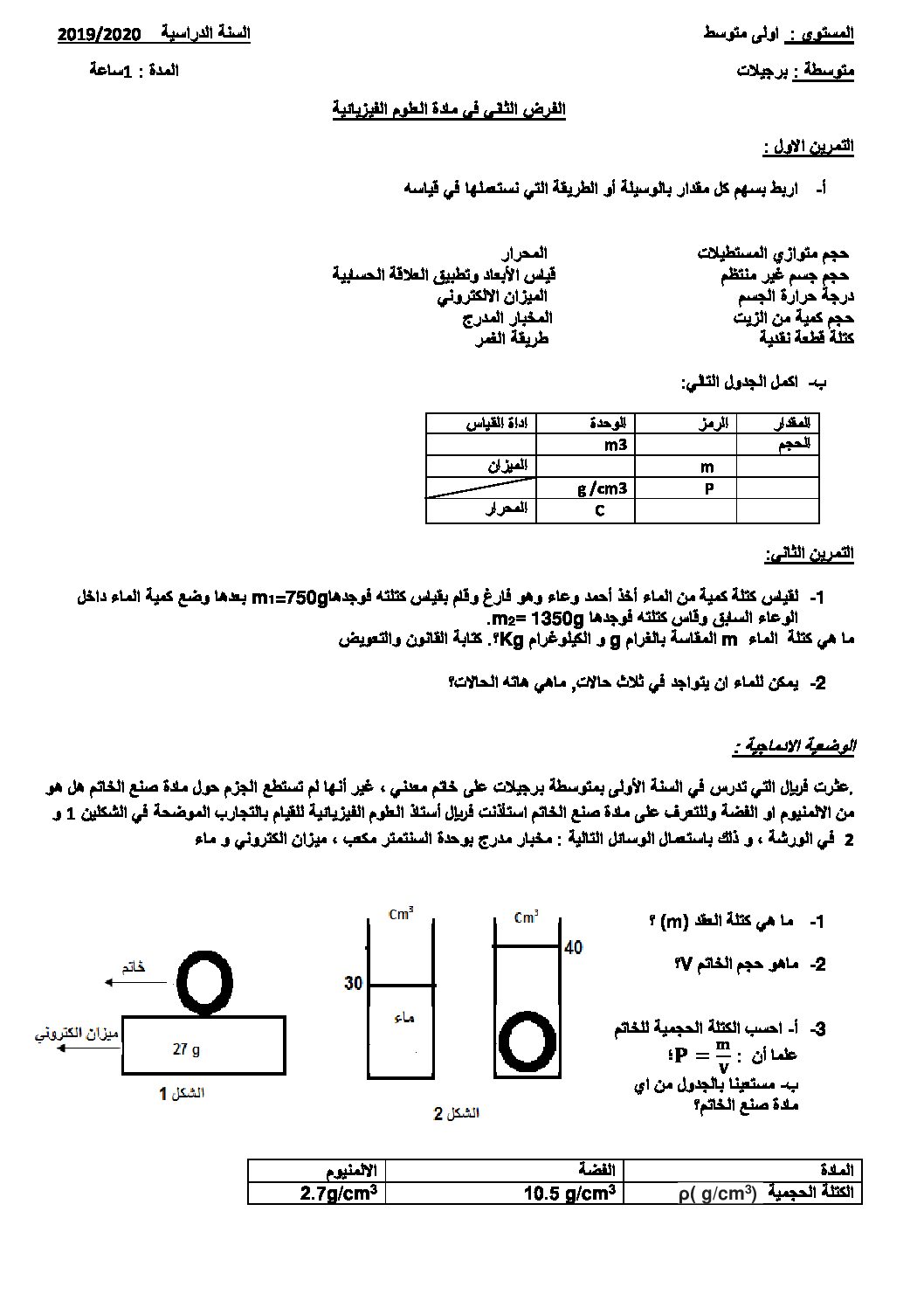 فرض في العلوم الفيزيائية الفصل الثاني السنة الأولى متوسط رقم 32