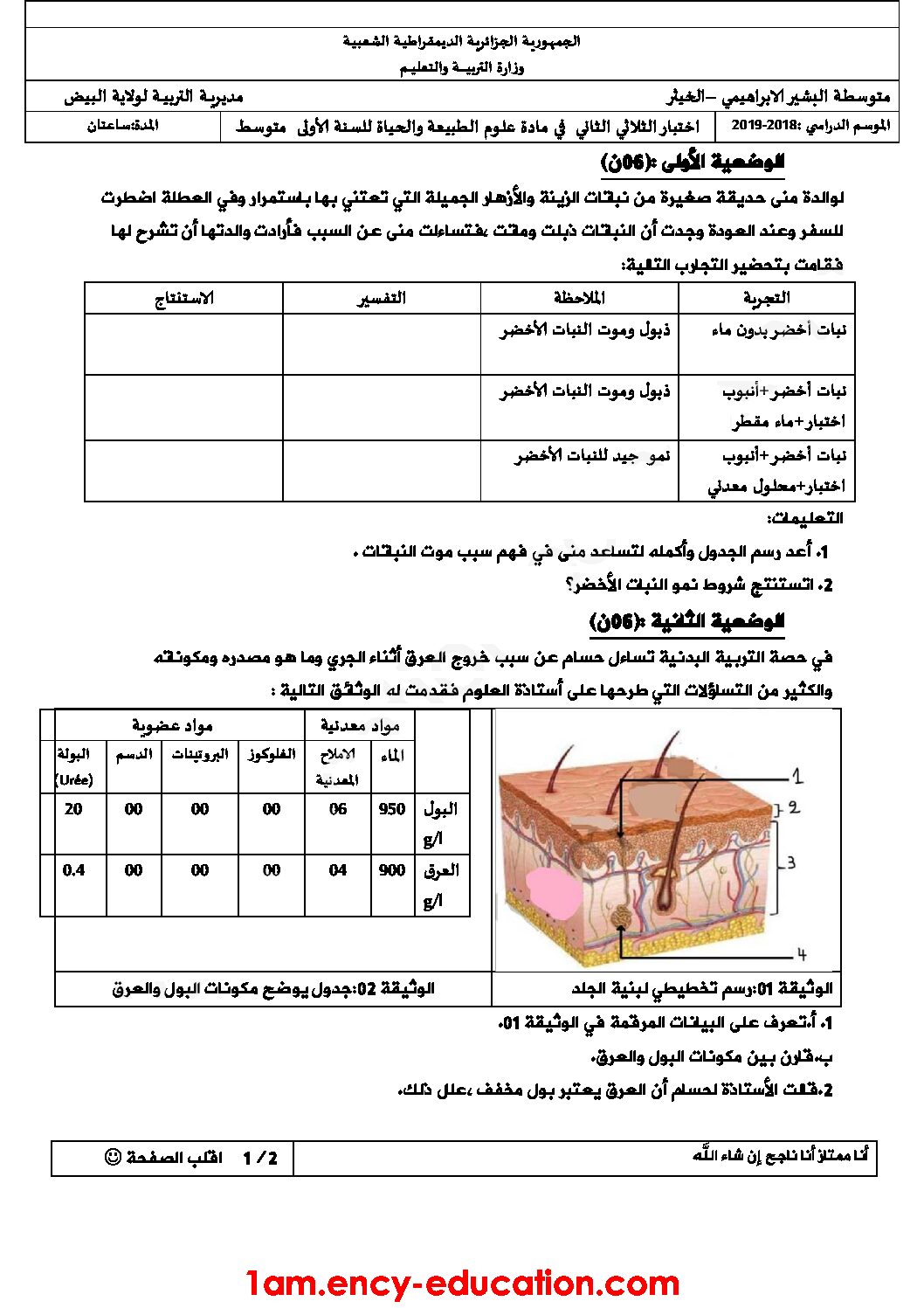 اختبار في العلوم الطبيعية الفصل الثاني السنة الأولى متوسط رقم 33