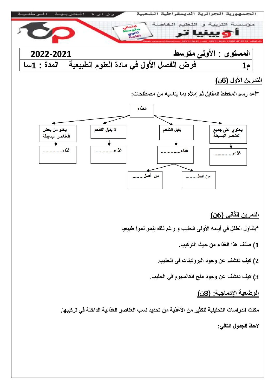 فرض في العلوم الطبيعية الفصل الأول السنة الأولى متوسط رقم 36 مع التصحيح