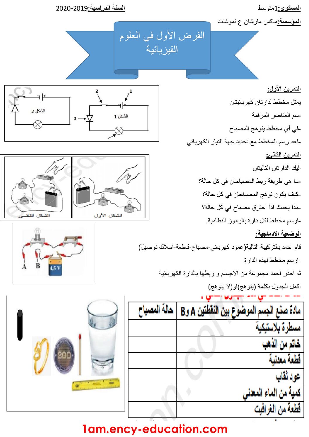 فرض في العلوم الفيزيائية الفصل الأول السنة الأولى متوسط رقم 41
