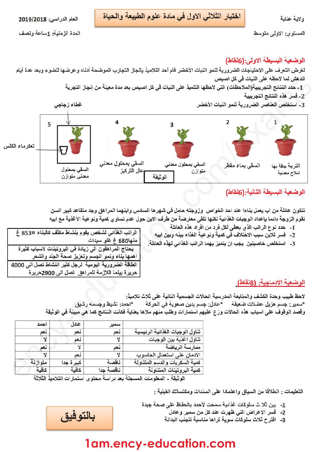 اختبار في العلوم الطبيعية الفصل الأول السنة الأولى متوسط رقم 44 مع التصحيح