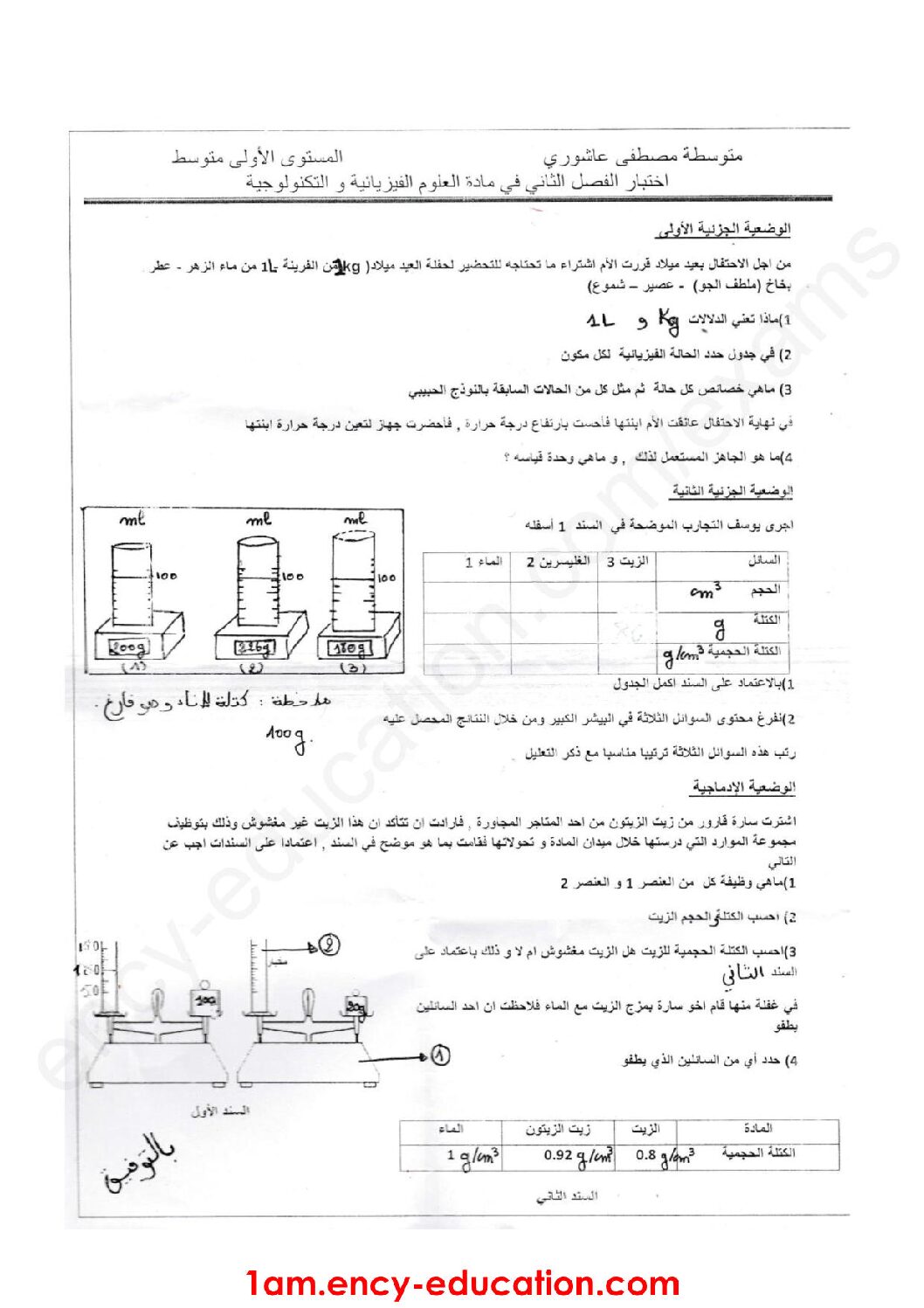 اختبار في العلوم الفيزيائية الفصل الثاني السنة الأولى متوسط رقم 46 مع التصحيح