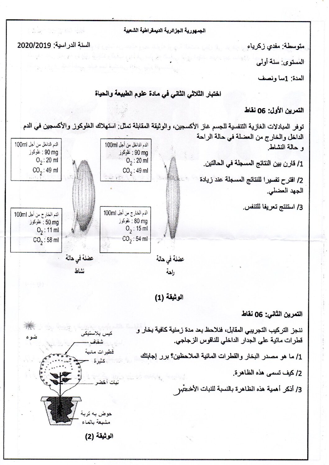 اختبار في العلوم الطبيعية الفصل الثاني السنة الأولى متوسط رقم 53