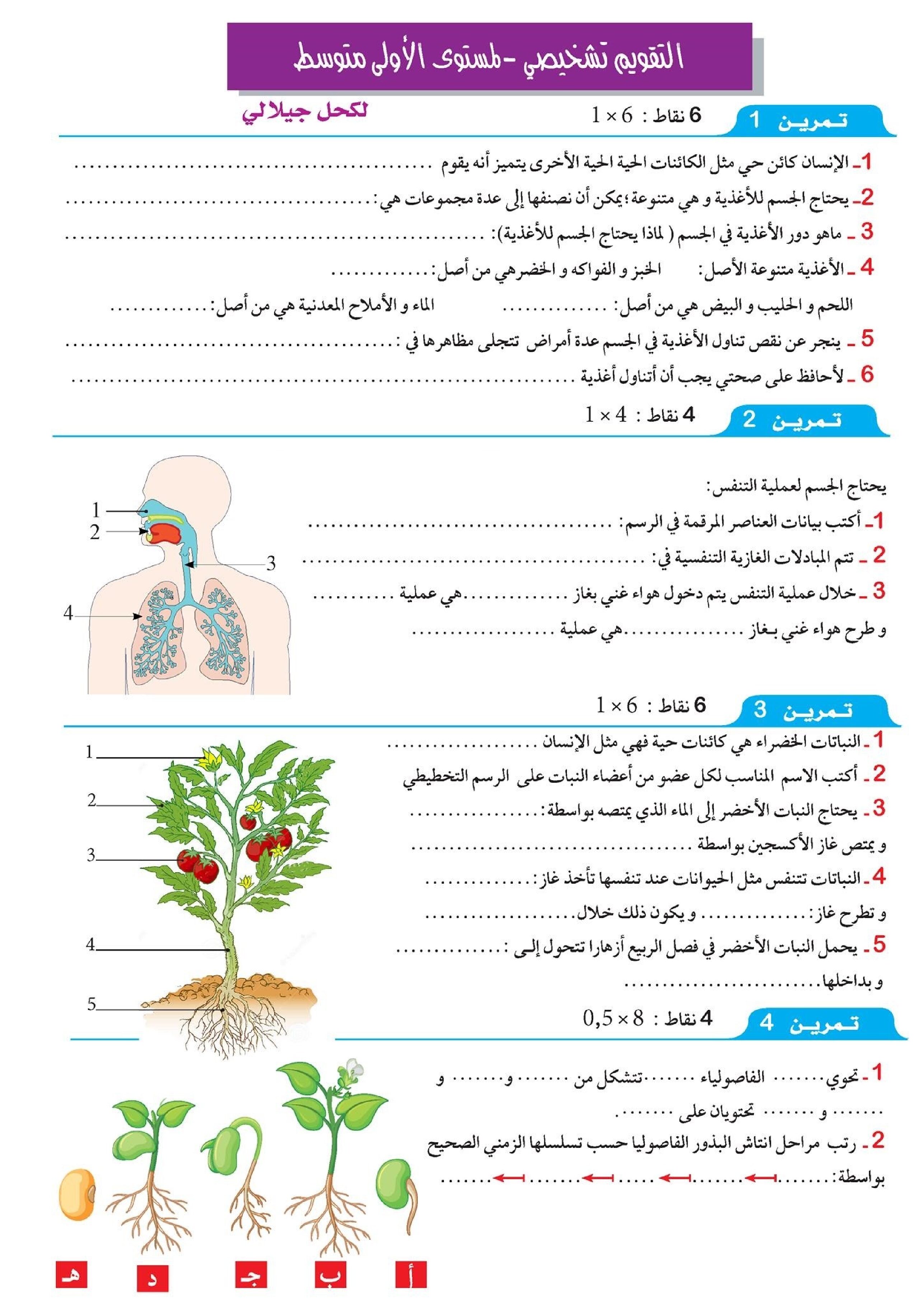 تقويم تشخيصي في العلوم الطبيعية السنة الأولى متوسط رقم 06 مع التصحيح
