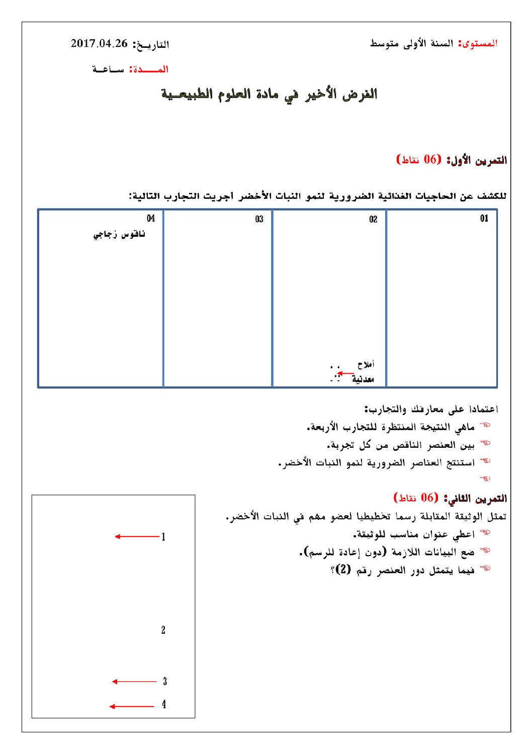 فرض في العلوم الطبيعية الفصل الثالث السنة الأولى متوسط رقم 06