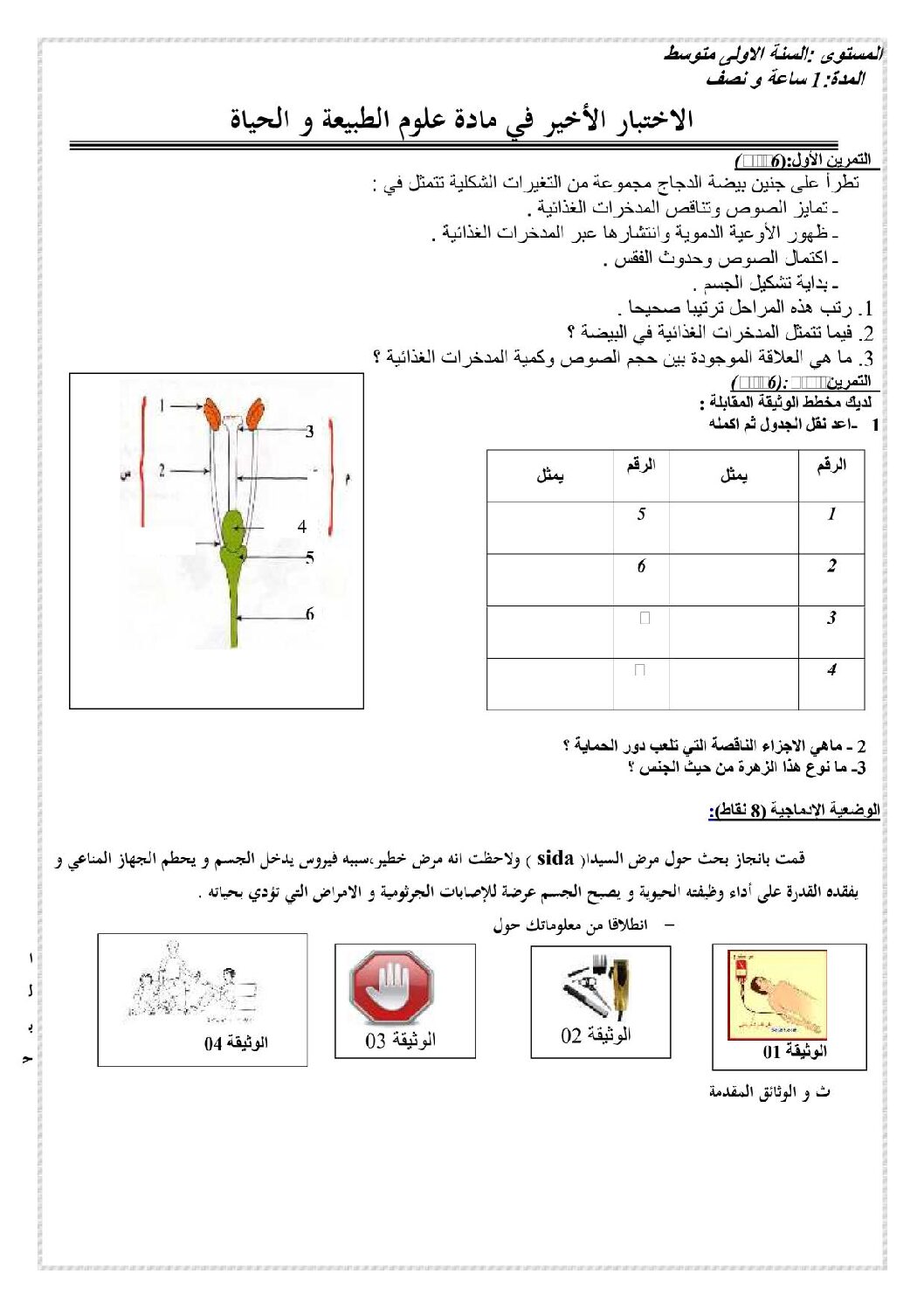 اختبار في العلوم الطبيعية الفصل الثالث السنة الأولى متوسط رقم 07
