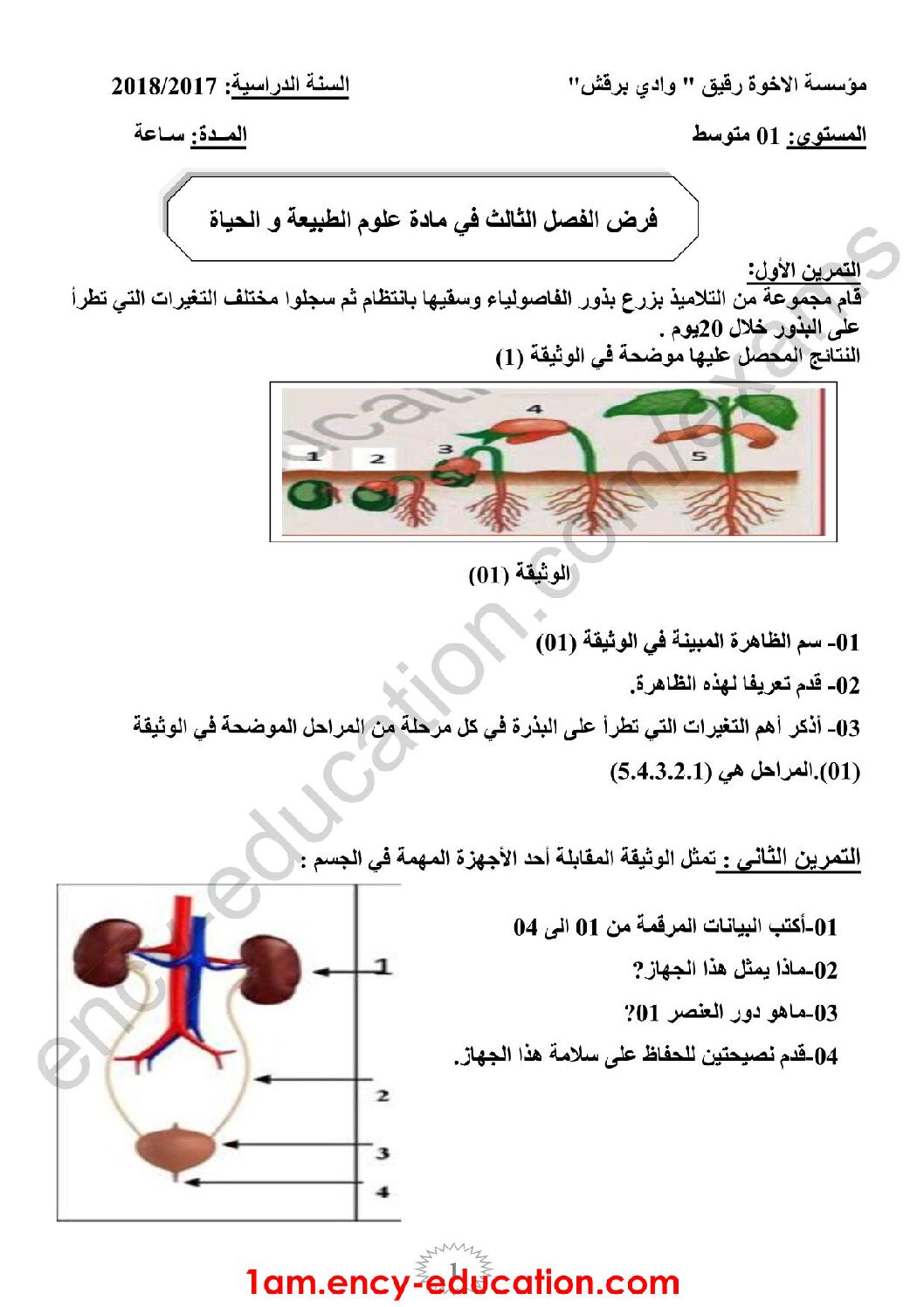 فرض في العلوم الطبيعية الفصل الثالث السنة الأولى متوسط رقم 08