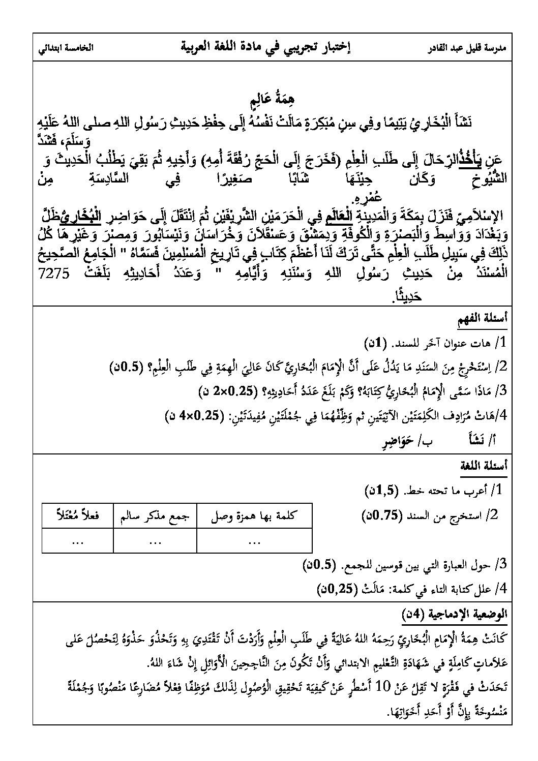 إختبار الفصل الثاني في اللغة العربية السنة الخامسة ابتدائي رقم 94
