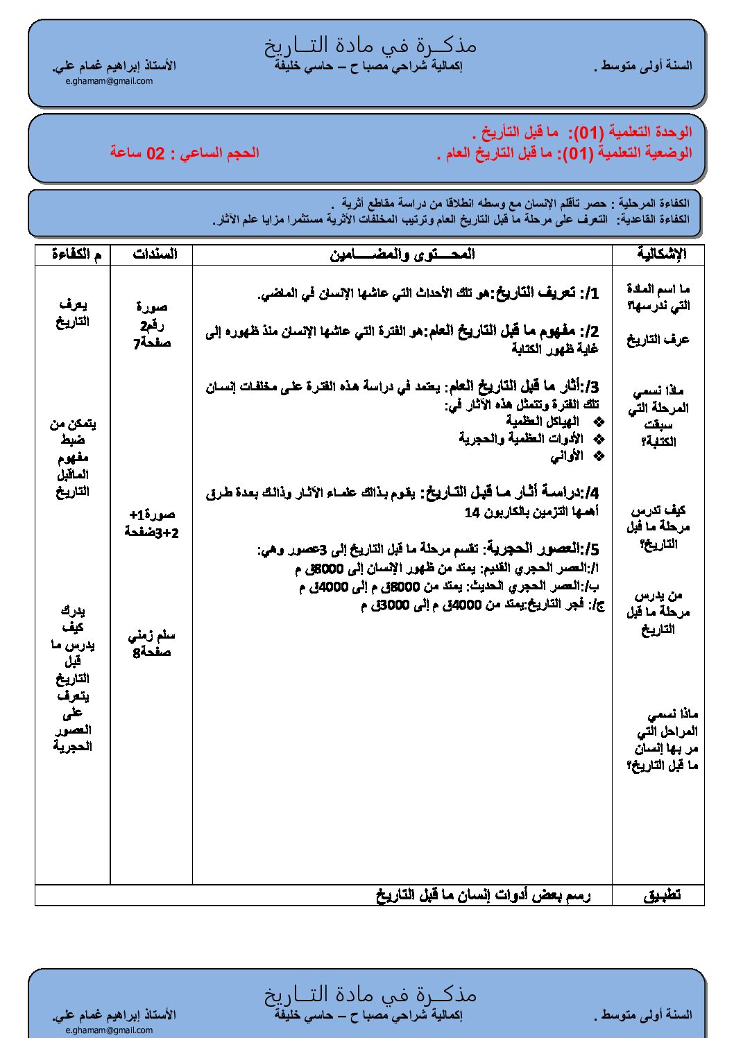 مذكرات مادة التاريخ السنة الأولى متوسط الجيل الثاني رقم 02
