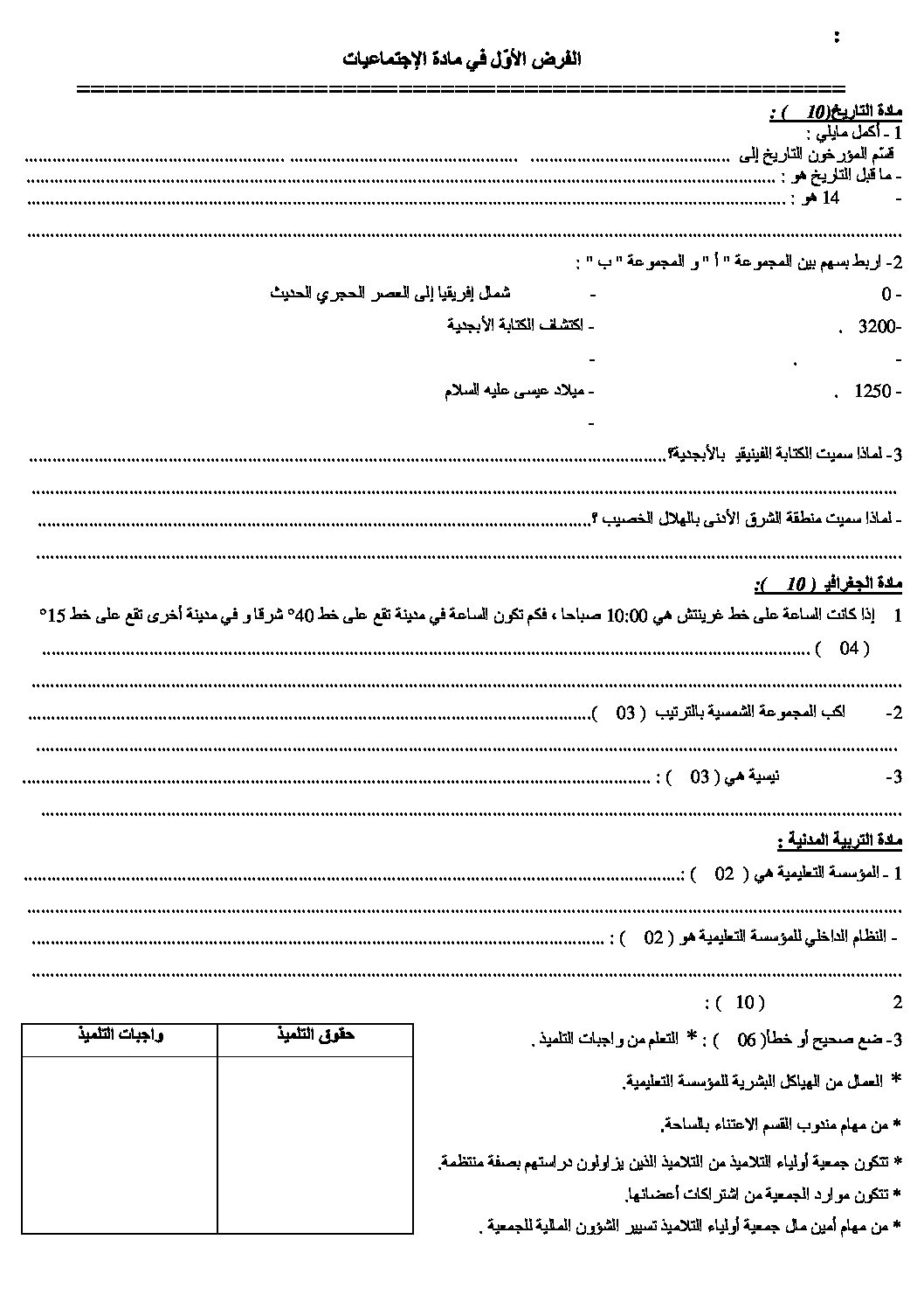 فرض في التاريخ والجغرافيا الفصل الأول السنة الأولى متوسط رقم 01