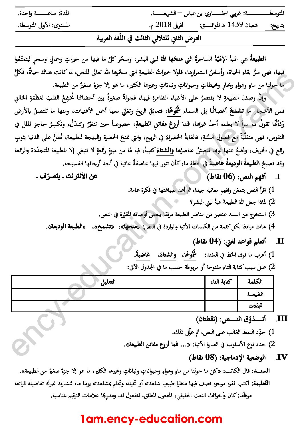 فرض في اللغة العربية الفصل الثالث السنة الأولى متوسط رقم 13