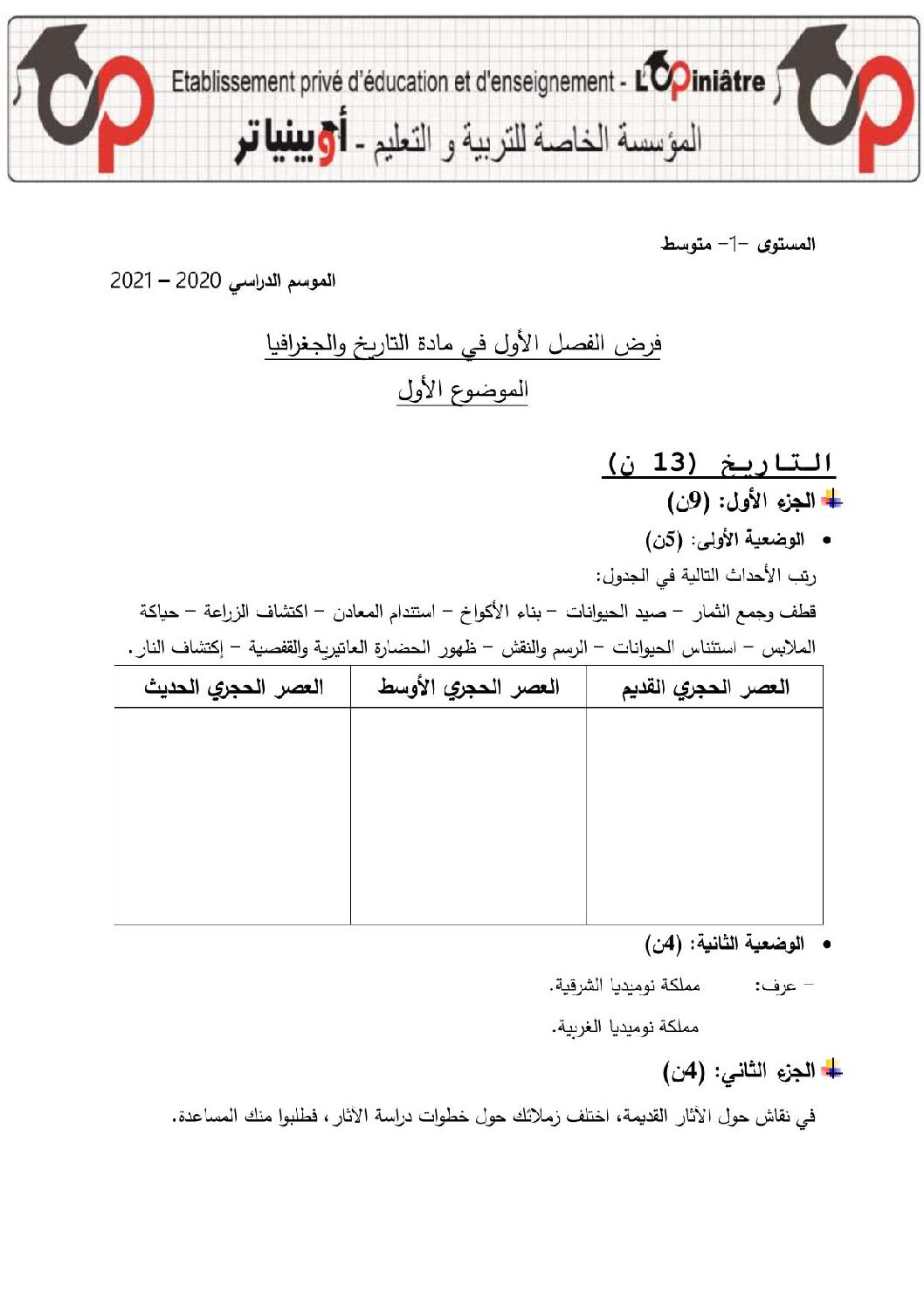 فرض في التاريخ والجغرافيا الفصل الأول السنة الأولى متوسط رقم 15 مع التصحيح