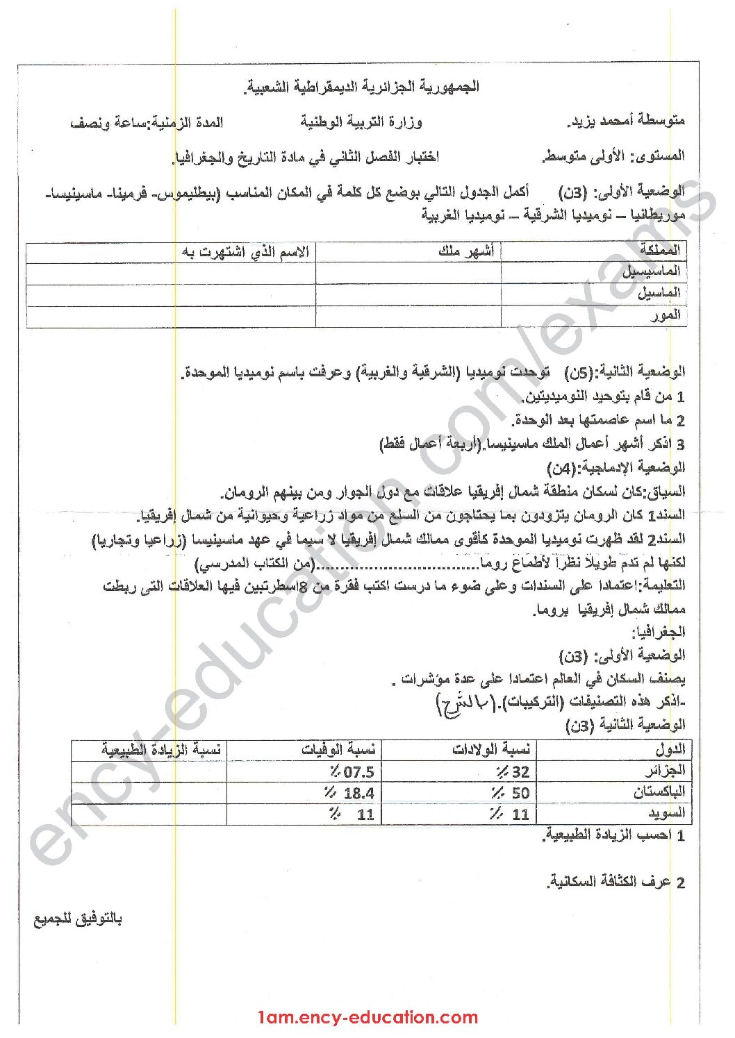 اختبار في التاريخ والجغرافيا الفصل الثاني السنة الأولى متوسط رقم 17