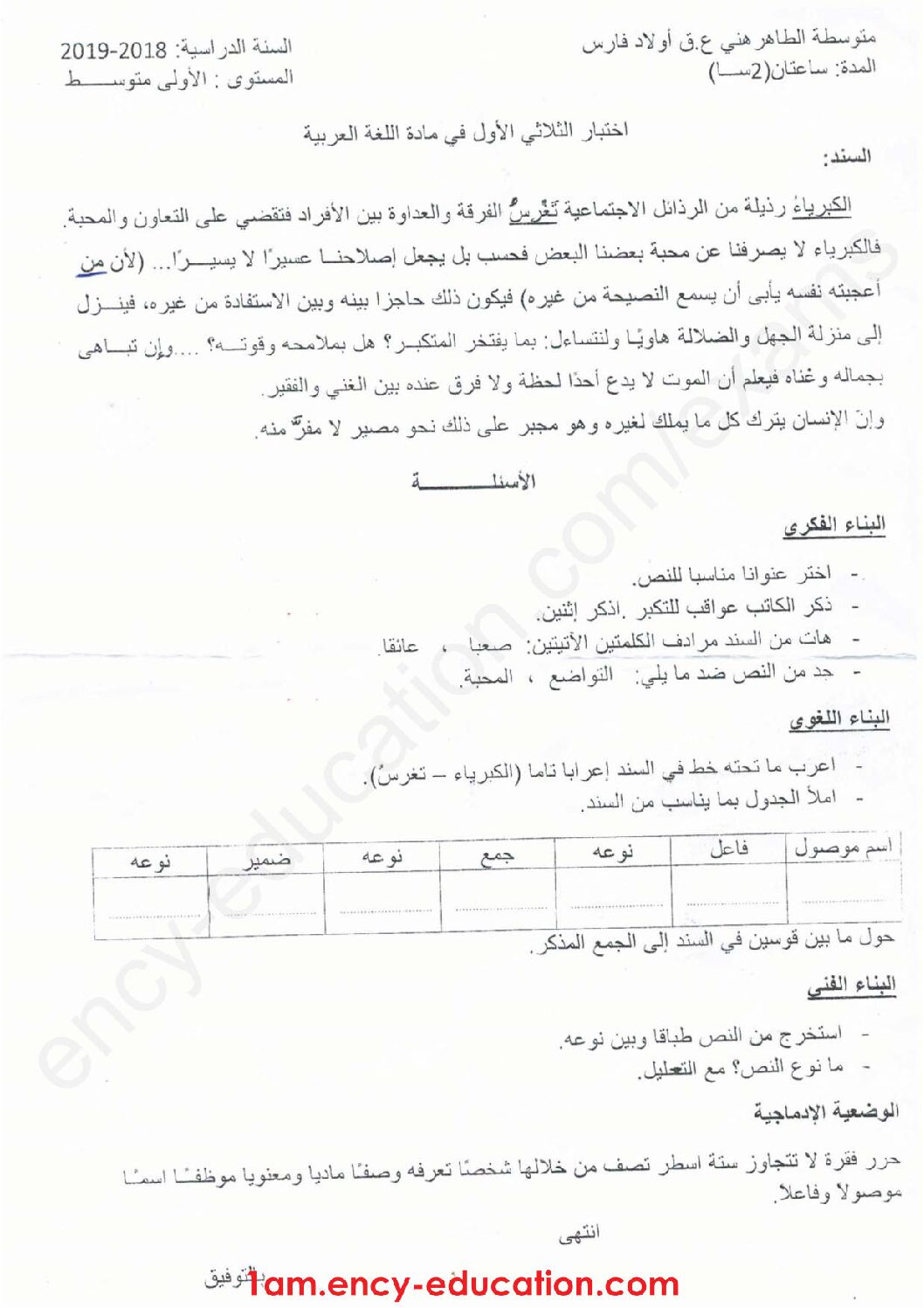 اختبار في اللغة العربية الفصل الأول السنة الأولى متوسط رقم 23