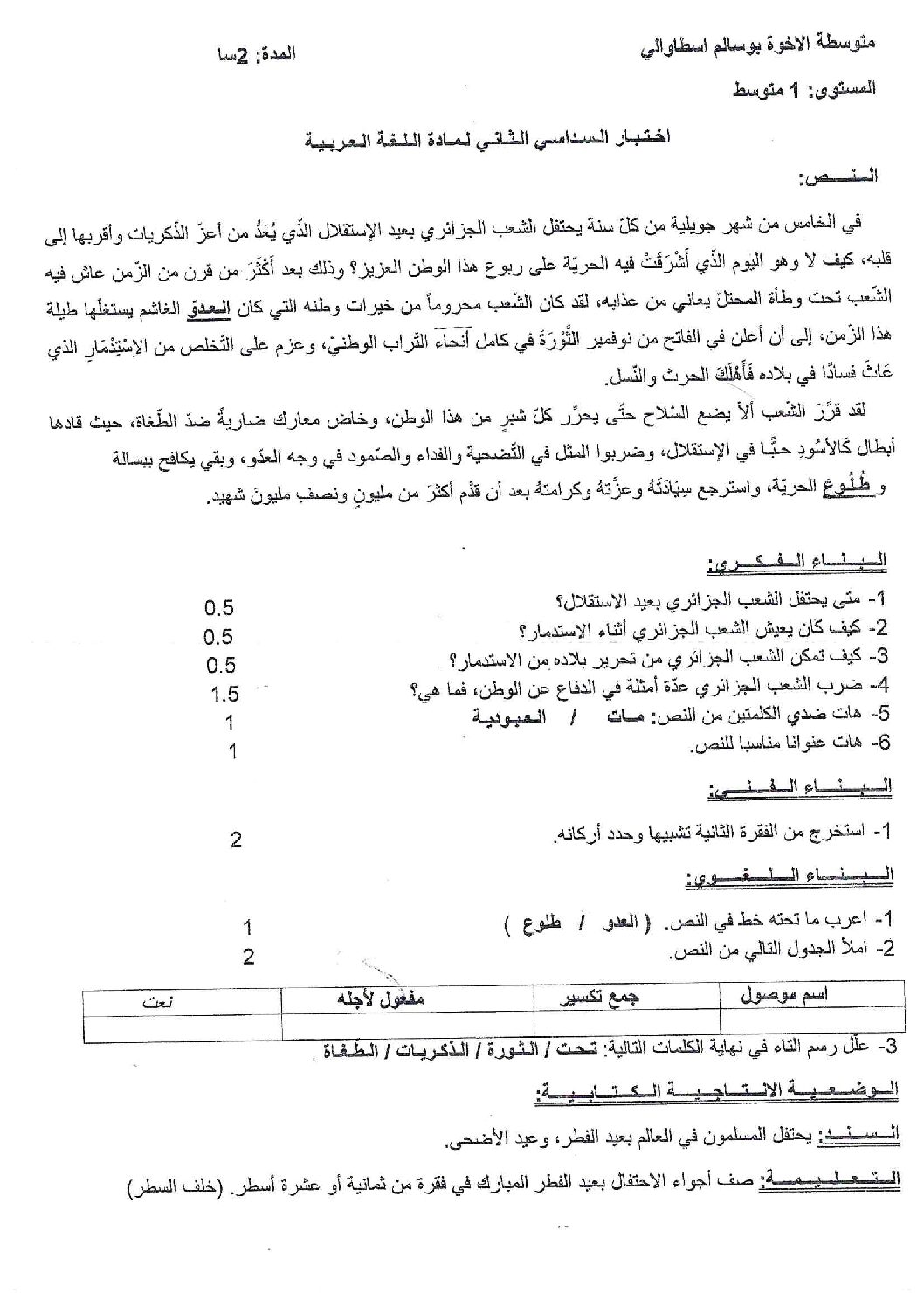 اختبار في اللغة العربية الفصل الثاني السنة الأولى متوسط رقم 44
