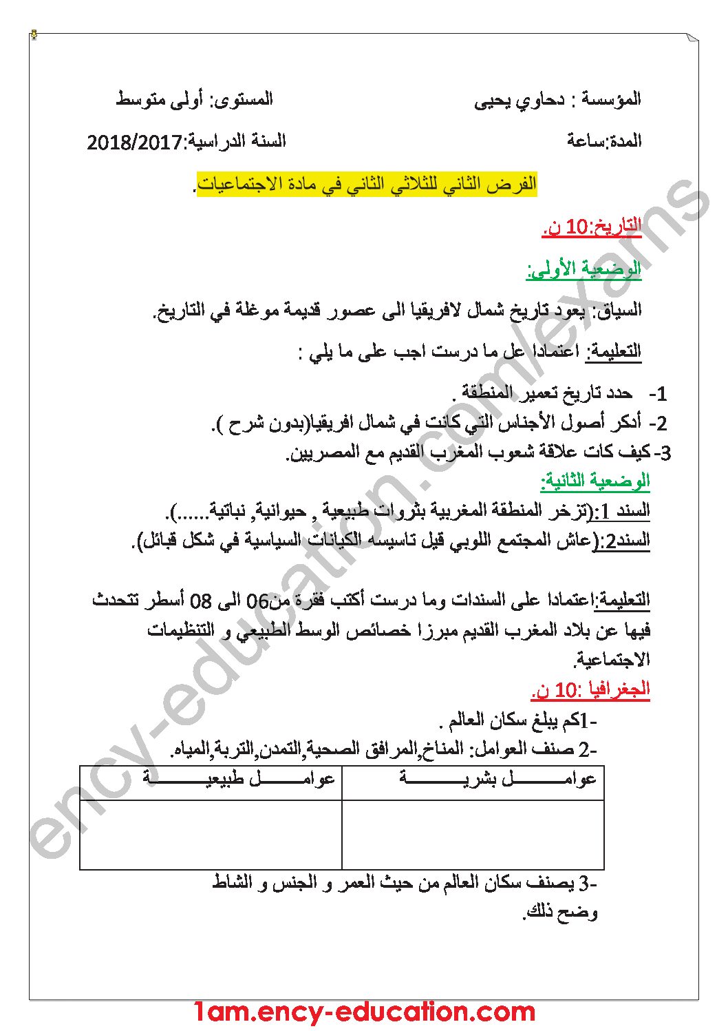 فرض في التاريخ والجغرافيا الفصل الثاني السنة الأولى متوسط رقم 05