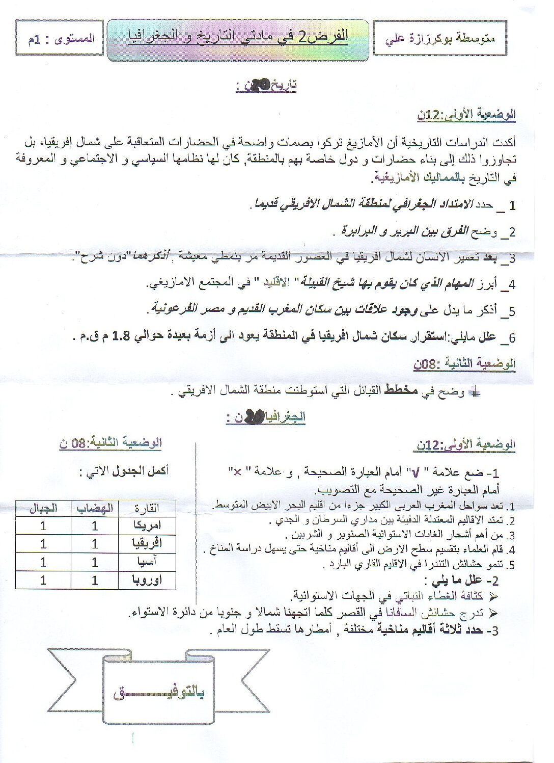 فرض في التاريخ والجغرافيا الفصل الثاني السنة الأولى متوسط رقم 06