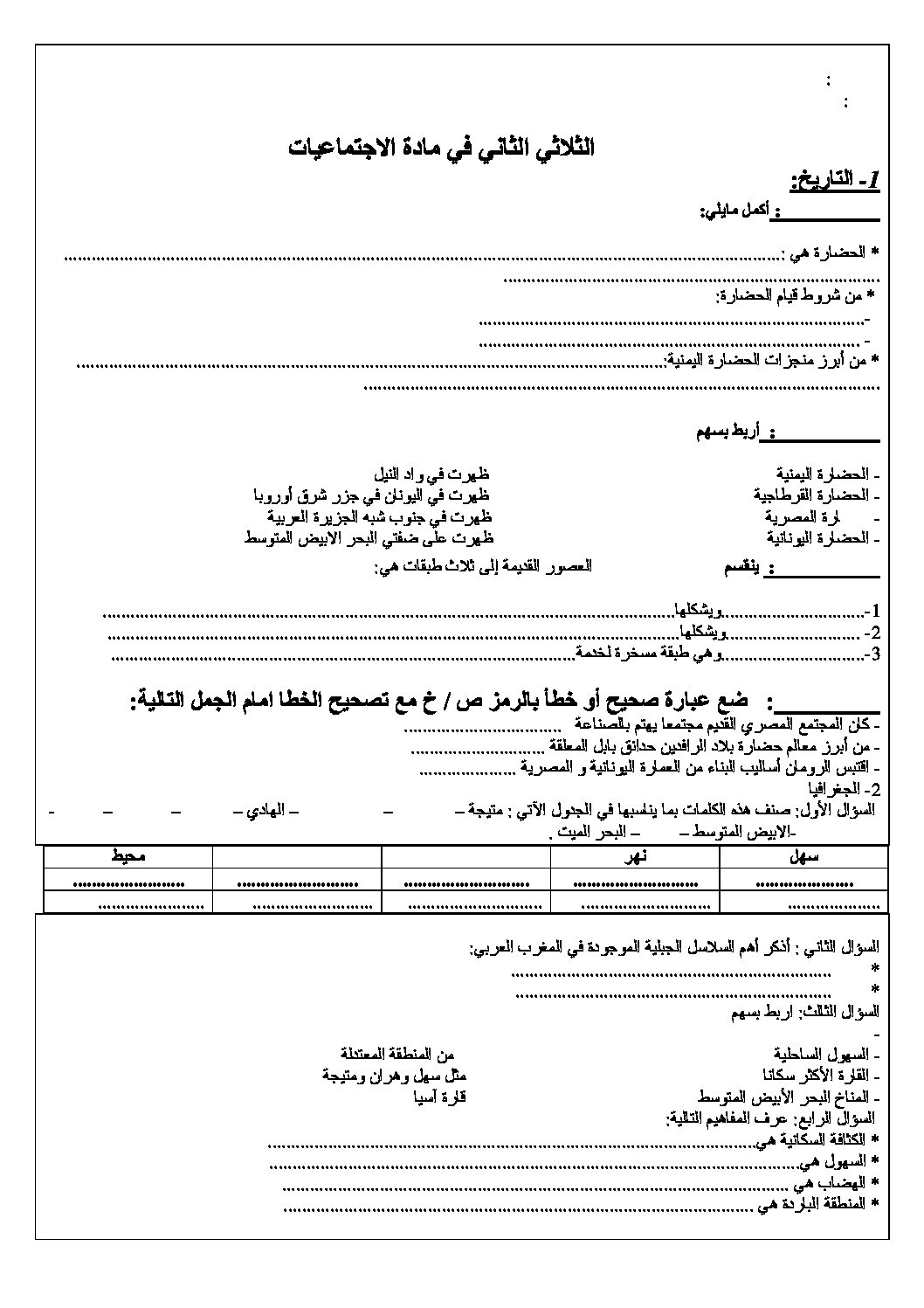 اختبار في التاريخ والجغرافيا الفصل الثاني السنة الأولى متوسط رقم 09