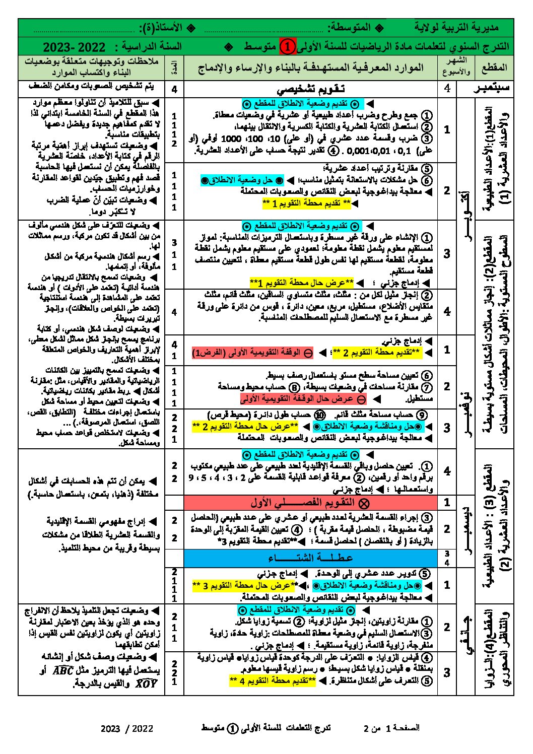 تدرج التعلمات رياضيات 2022/2023 أولى متوسط الجيل الثاني