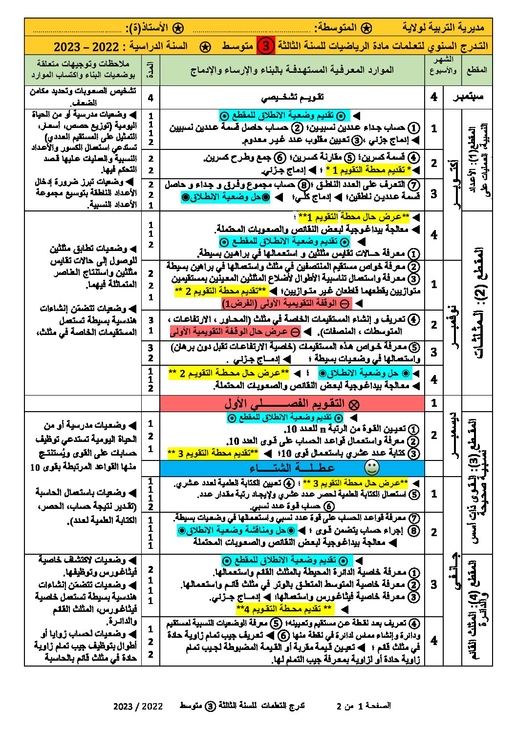 تدرج التعلمات رياضيات 2022/2023 ثالثة متوسط الجيل الثاني