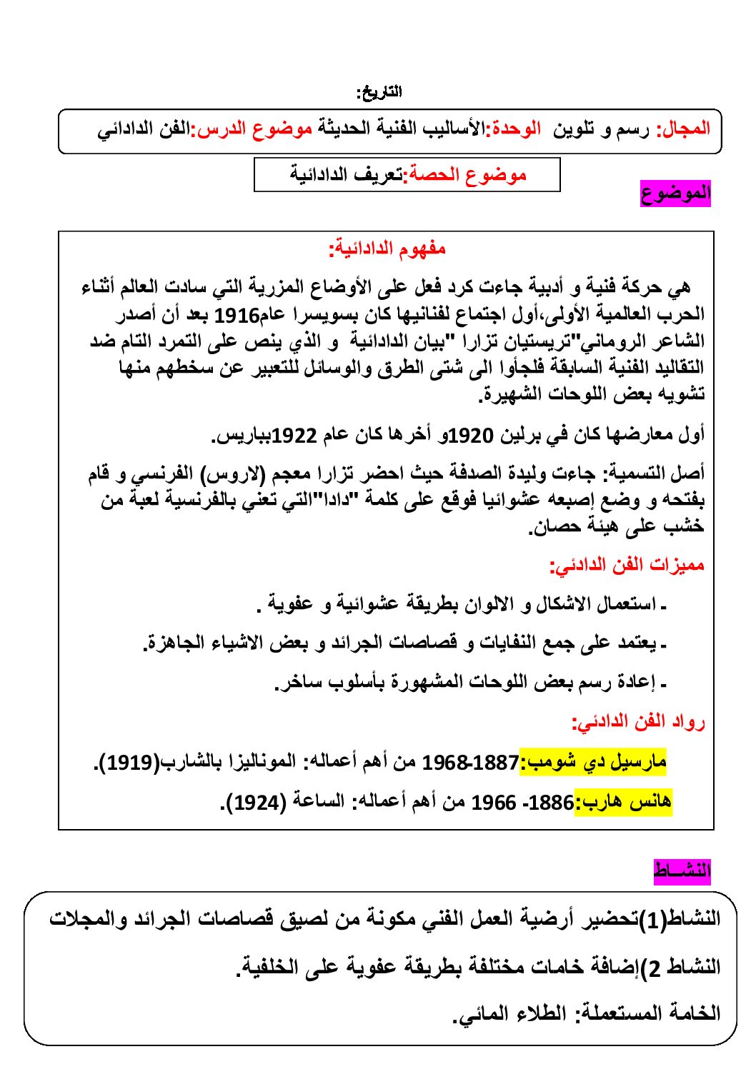 رسم و تلوین - الأسالیب الفنیة الحدیثة - الفن الدادائي