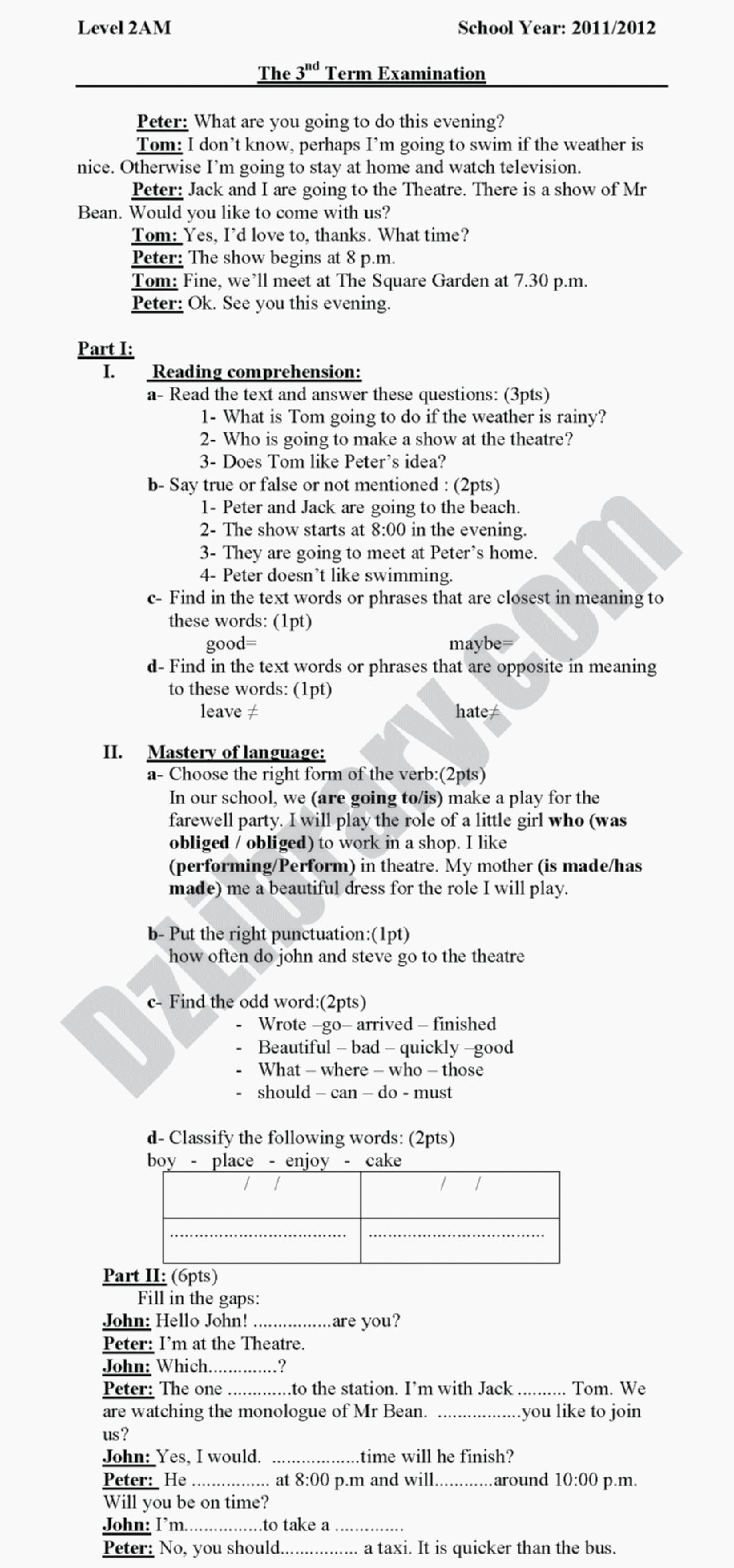 اختبار في اللغة الإنجليزية الفصل الثالث السنة الثانية متوسط رقم 17