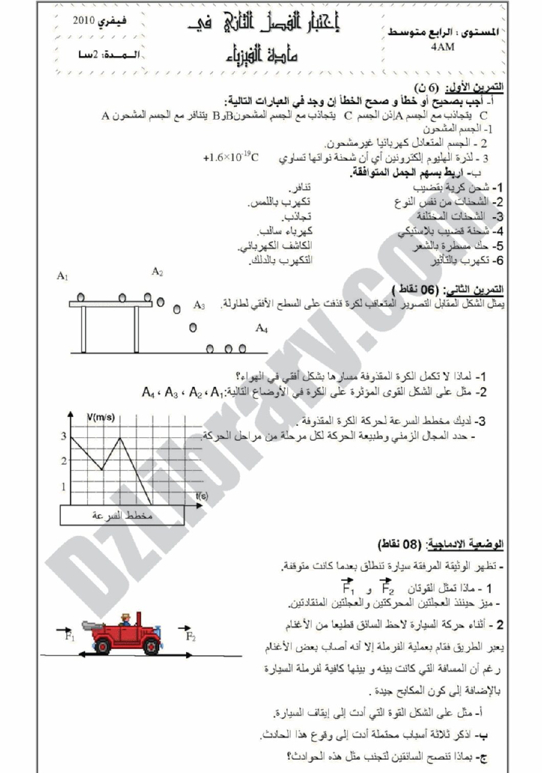 اختبار في العلوم الفيزيائية الفصل الثاني السنة الرابعة متوسط رقم 1 مع التصحيح