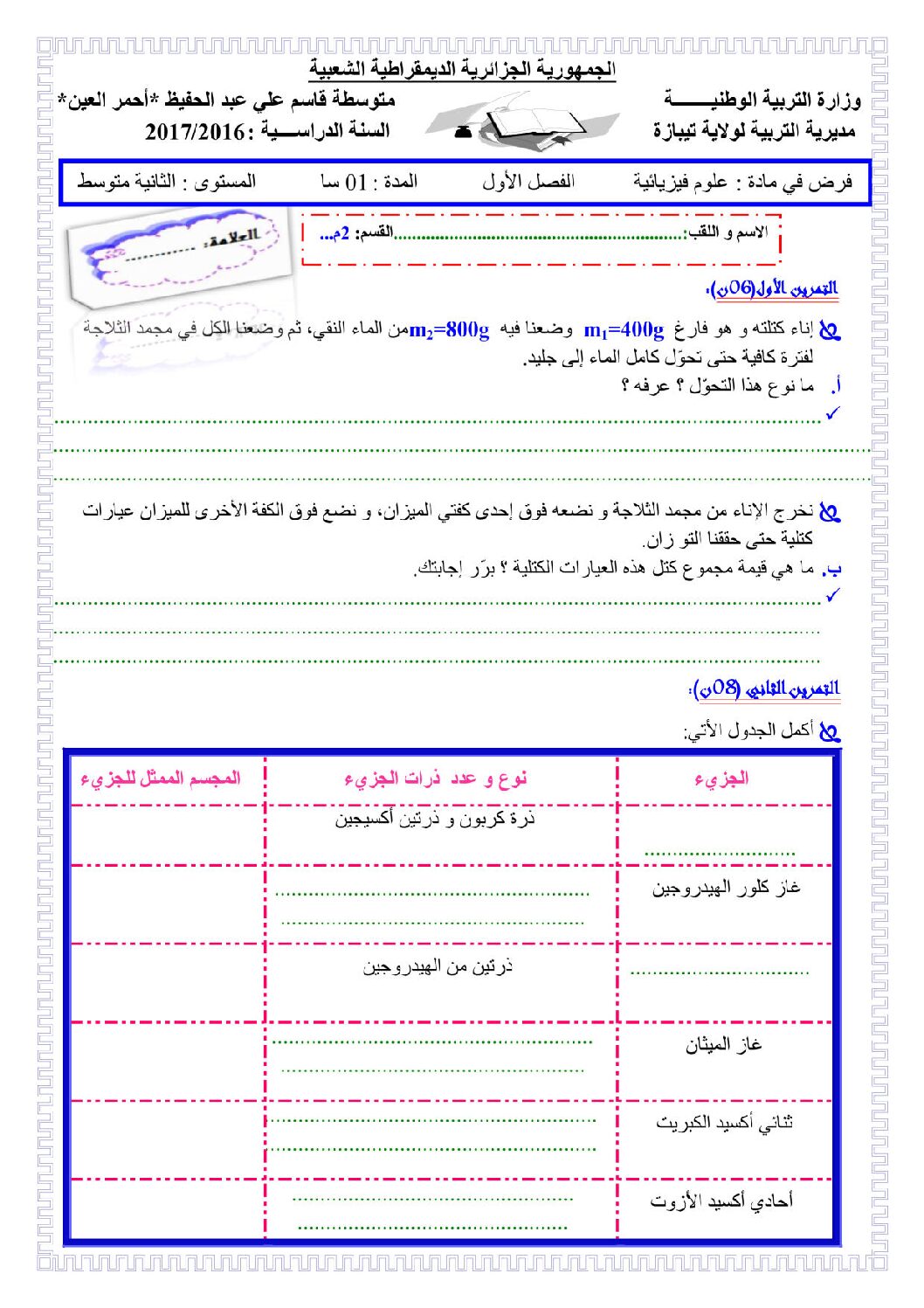 فرض في العلوم الفيزيائية الفصل الأول السنة الثانية متوسط رقم 1