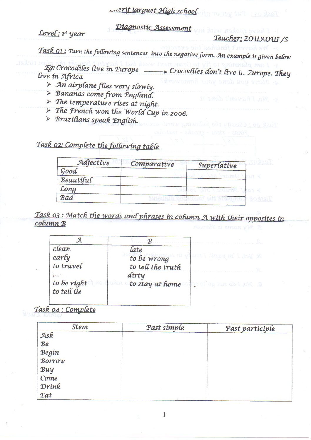 فرض في اللغة الإنجليزية الفصل الأول السنة الأولى ثانوي ج م ع رقم 1