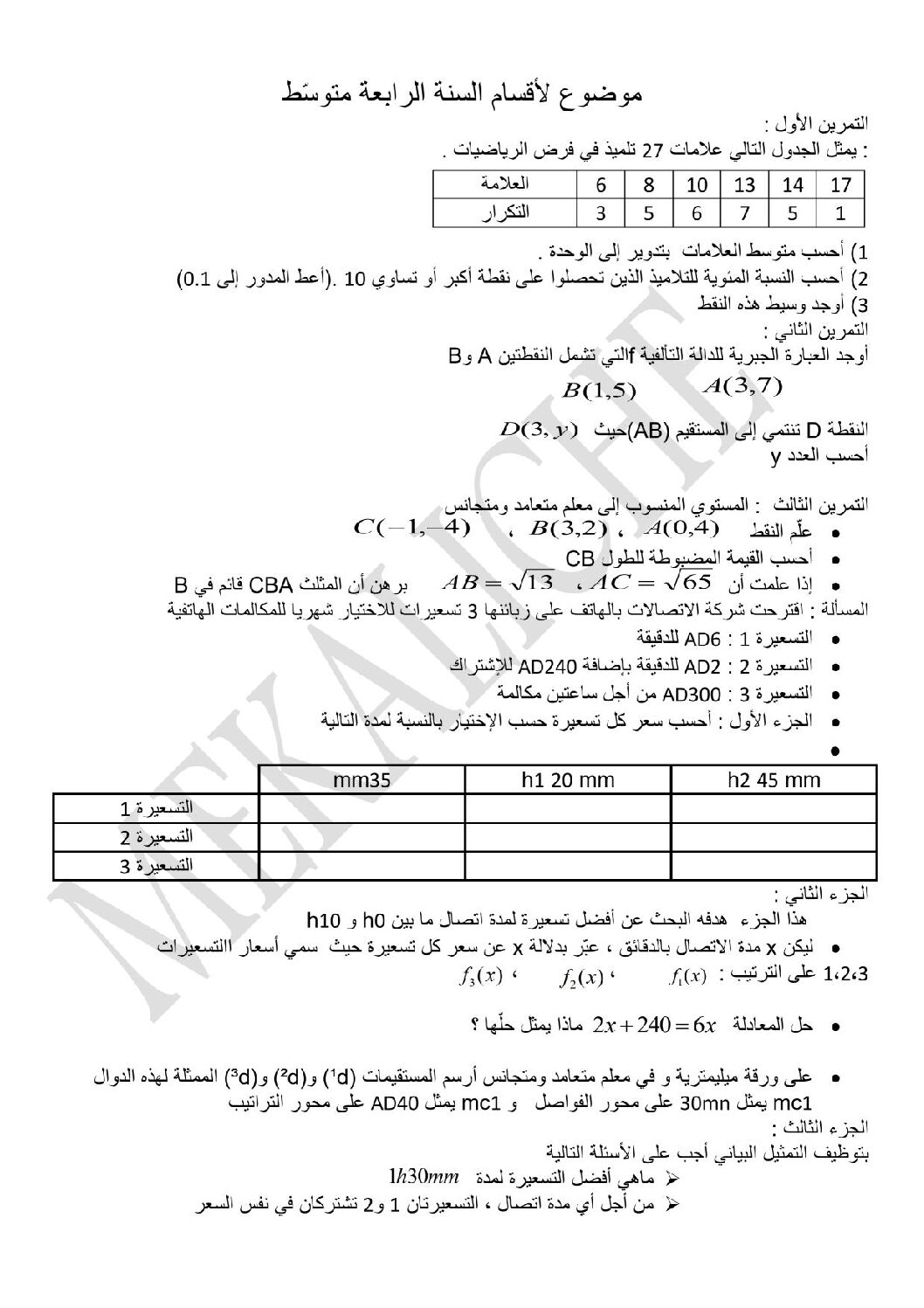 فرض في الرياضيات الفصل الثالث السنة الرابعة متوسط رقم 1