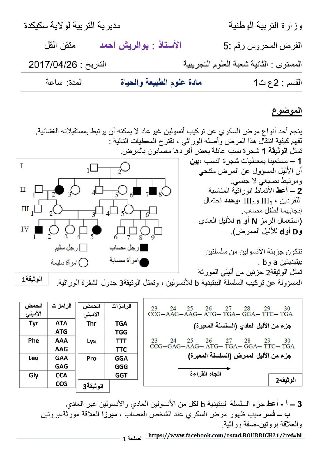 فرض في العلوم الطبيعية الفصل الثالث السنة الثانية ثانوي علوم تجريبية رقم 1 مع التصحيح