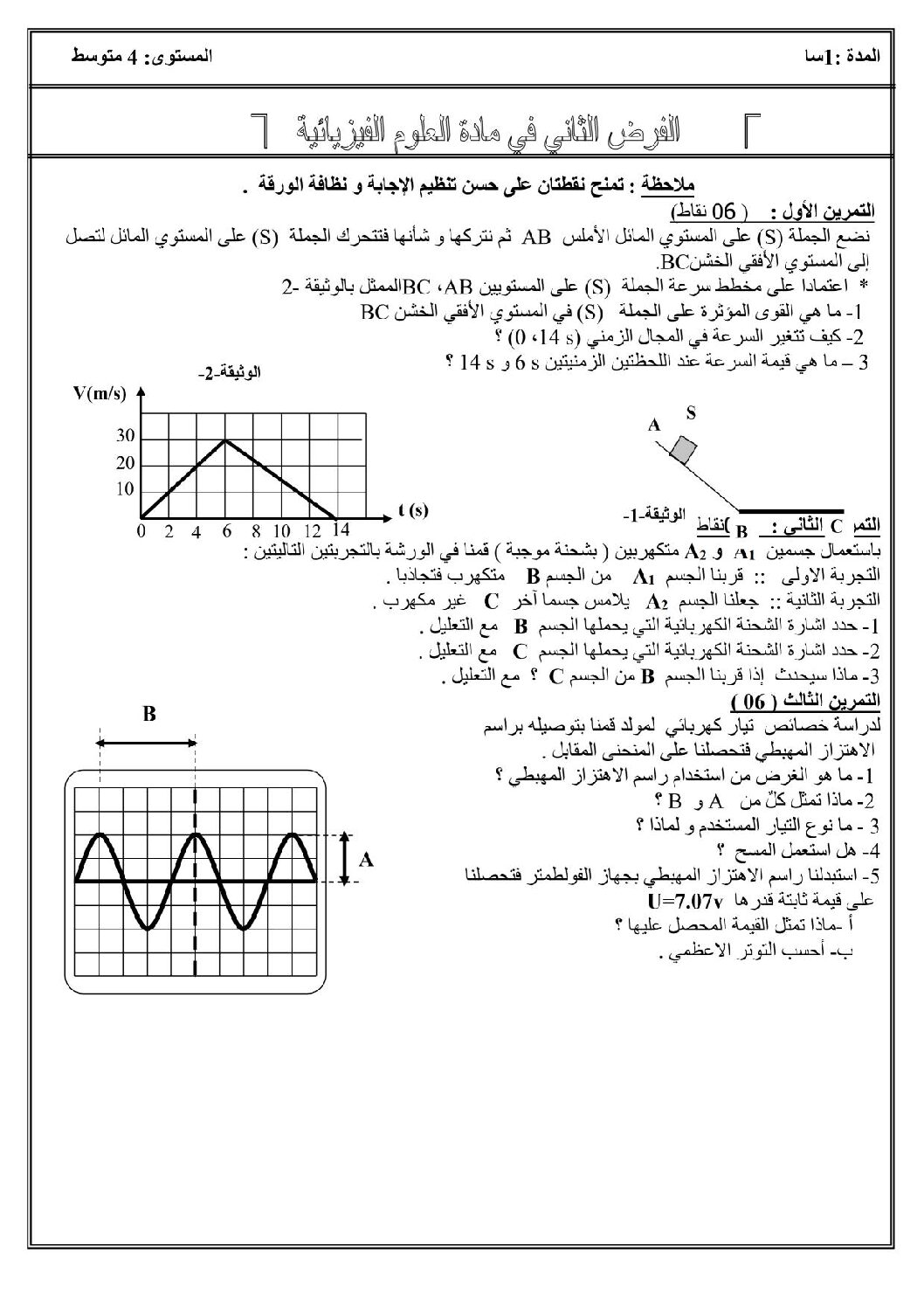 فرض في العلوم الفيزيائية الفصل الثاني السنة الرابعة متوسط رقم 1 مع التصحيح