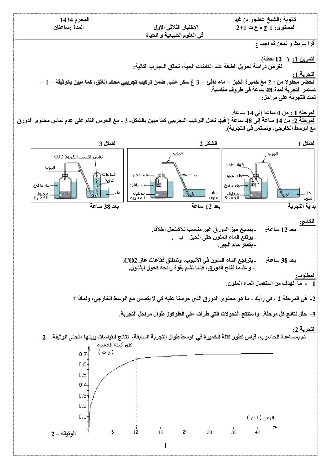 اختبار في العلوم الطبيعية الفصل الأول السنة الأولى ثانوي رقم 10