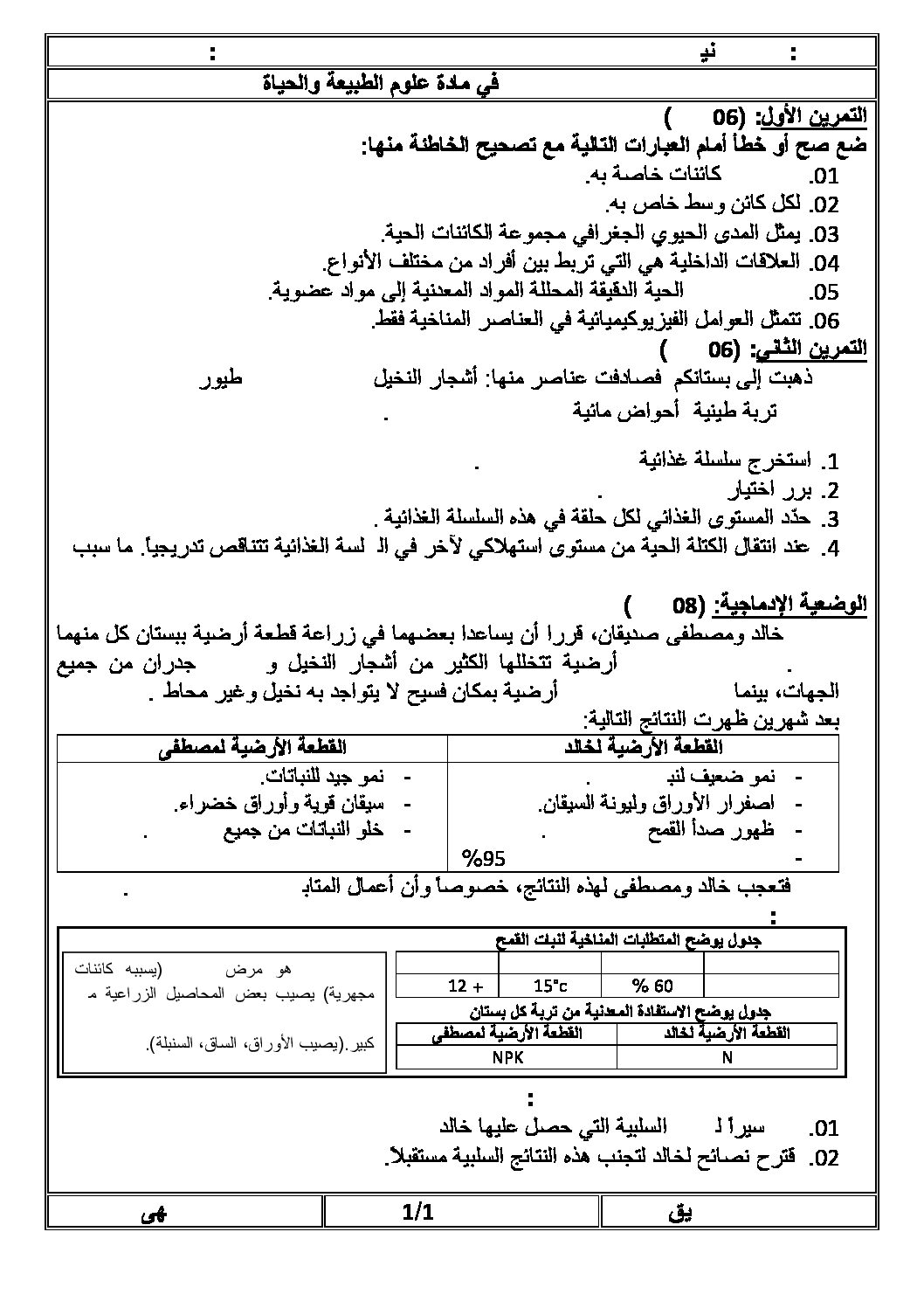 اختبار في العلوم الطبيعية الفصل الأول السنة الثانية متوسط رقم 10