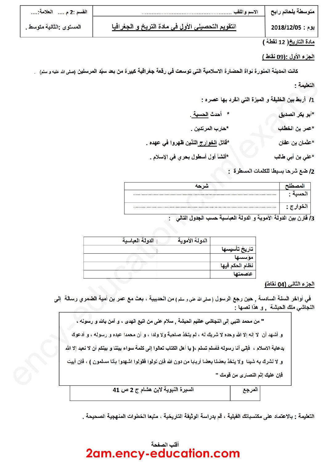 فرض في التاريخ والجغرافيا الفصل الأول السنة الثانية متوسط رقم 10