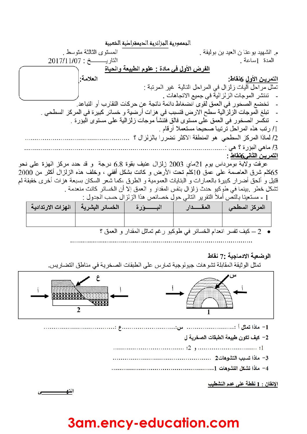 فرض في العلوم الطبيعية الفصل الأول السنة الثالثة متوسط رقم 10