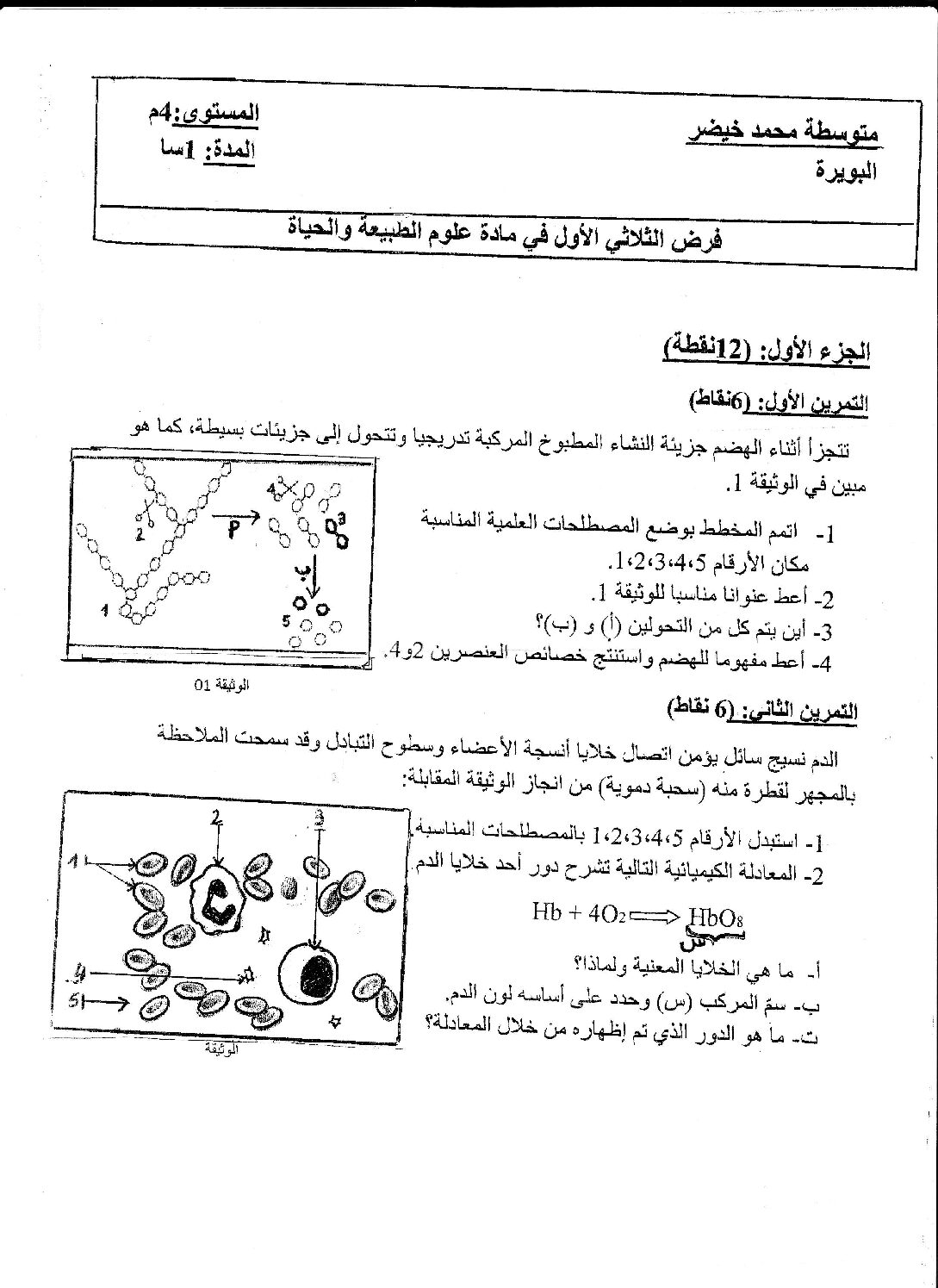 فرض في العلوم الطبيعية الفصل الأول السنة الرابعة متوسط رقم 10