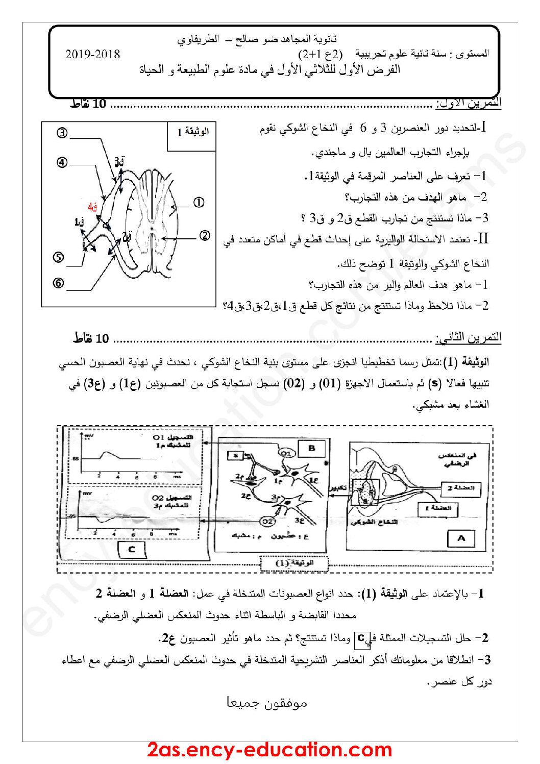 فرض في العلوم الطبيعية الفصل الأول السنة الثانية ثانوي علوم تجريبية رقم 10