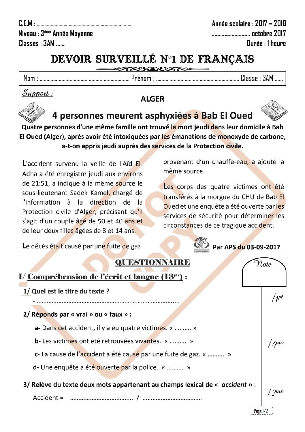 فرض في اللغة الفرنسية الفصل الأول السنة الثالثة متوسط رقم 10