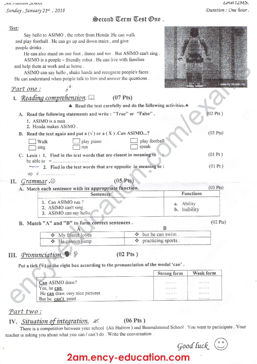 فرض في اللغة الإنجليزية الفصل الثاني السنة الثانية متوسط رقم 10
