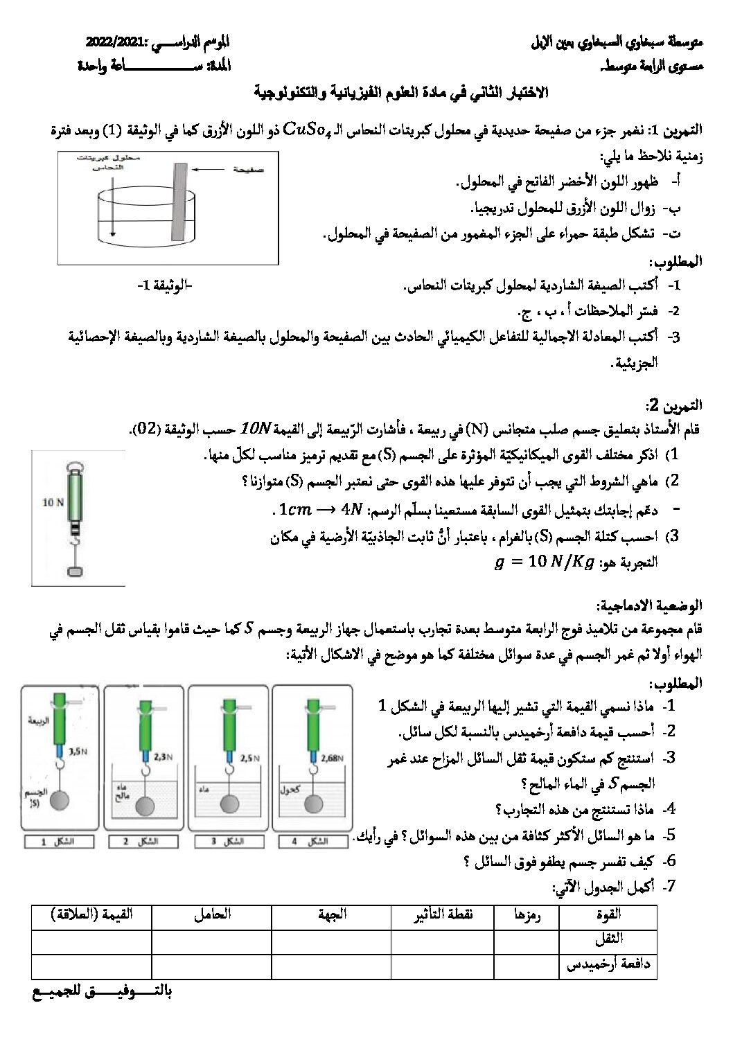 اختبار في العلوم الفيزيائية الفصل الثاني السنة الرابعة متوسط رقم 101